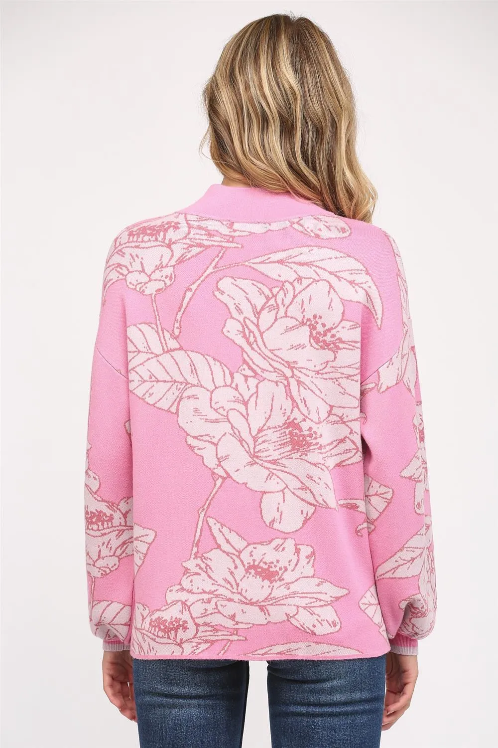 Fate Floral Pattern Jacquard Knit Crew Neck Sweater