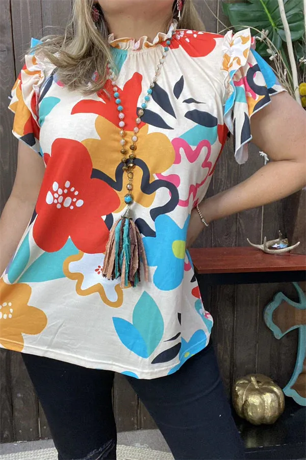 Flower top with mock neck and ruffle sleeve