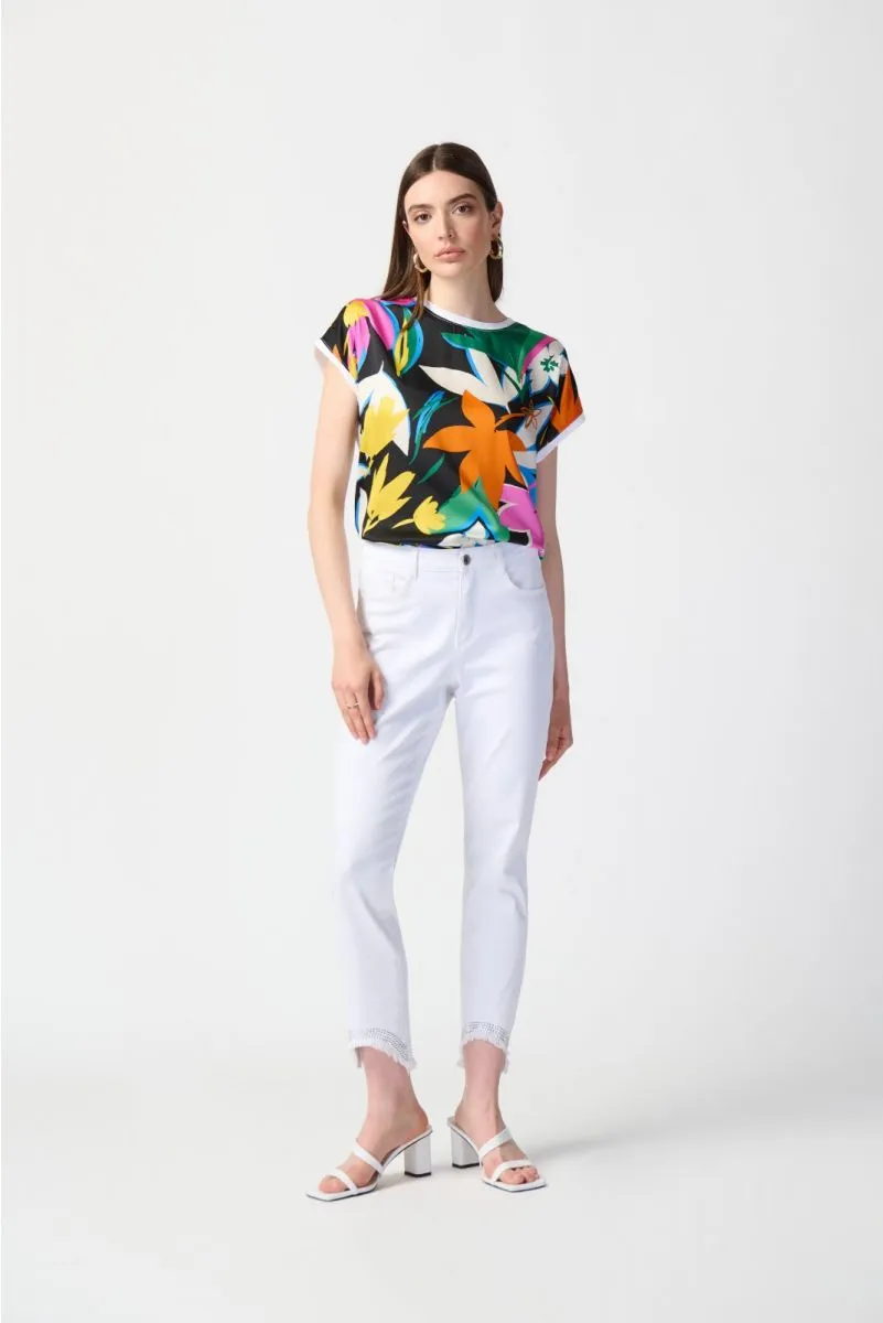 Joseph Ribkoff Vanilla/Multi Floral Print Crew Neck Short Sleeve Top 241137