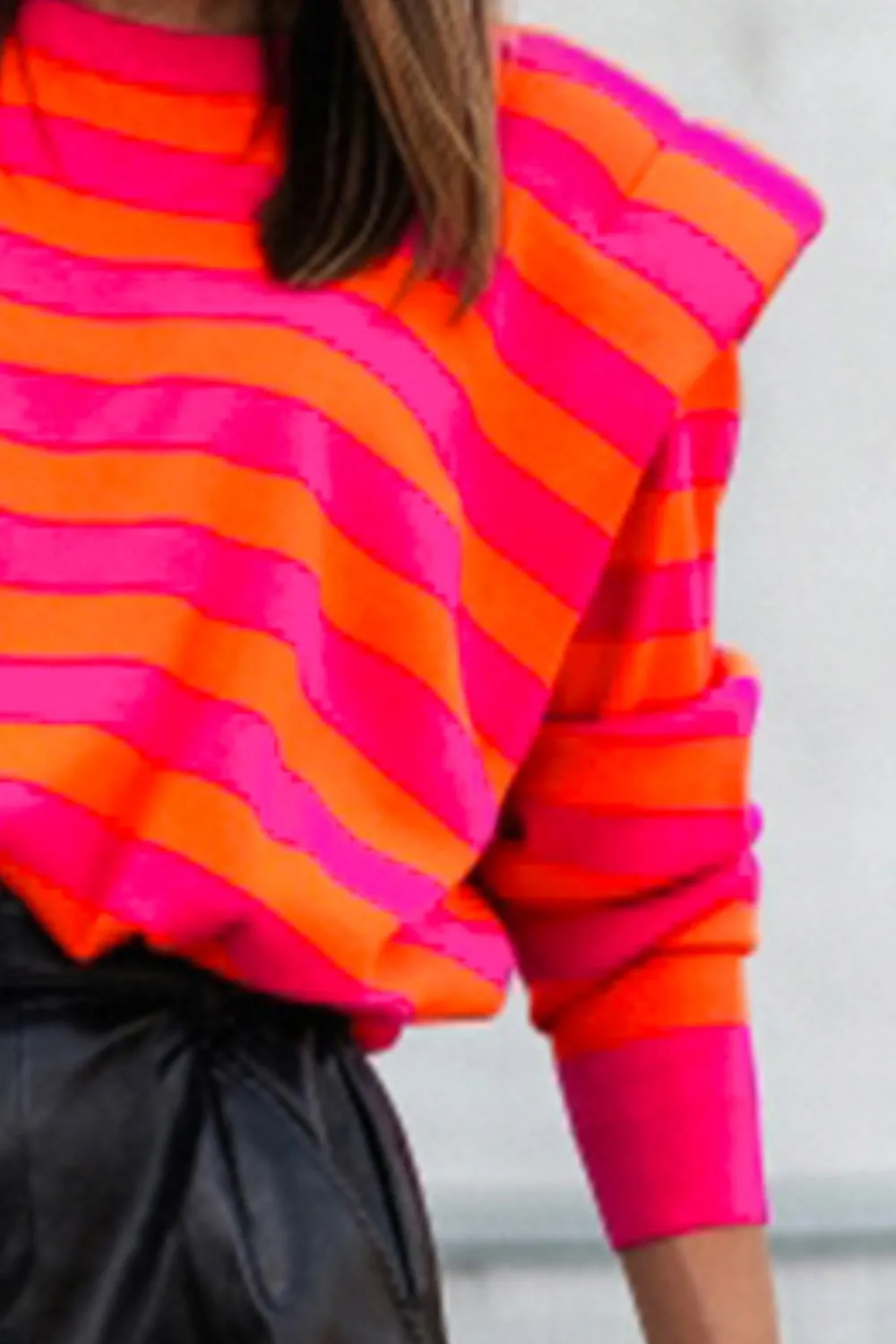 Lacey Striped Round Neck Long Sleeve Knit Top