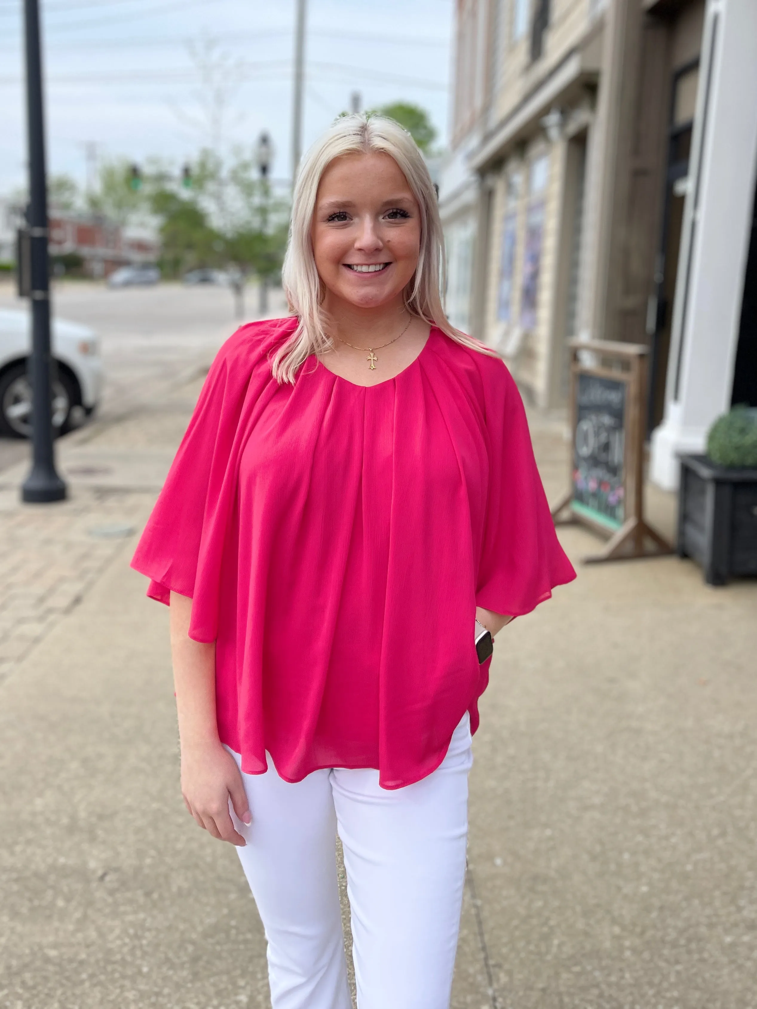 Ladies V-Neck Pleated 3/4 Sleeve Magenta Top