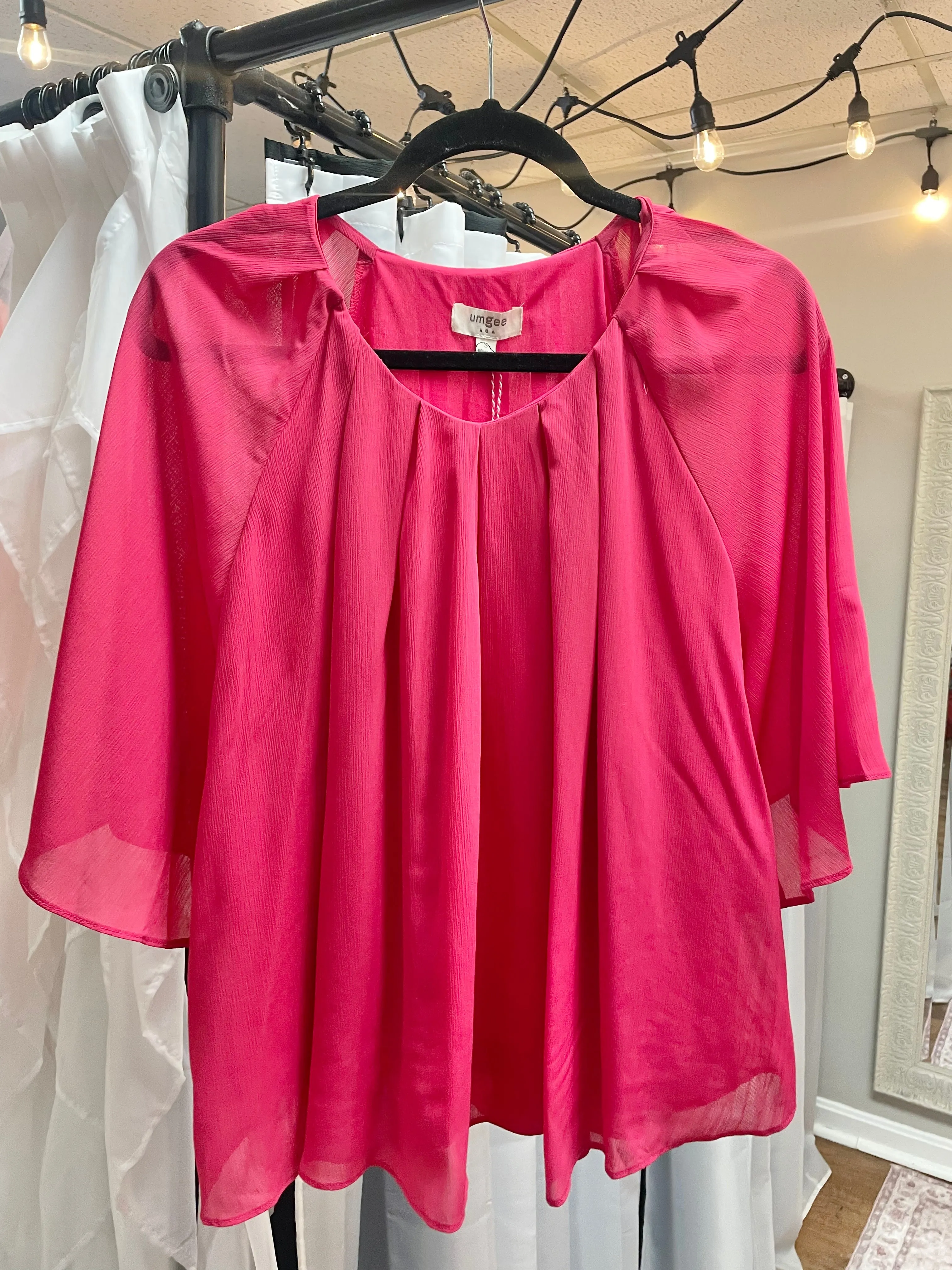 Ladies V-Neck Pleated 3/4 Sleeve Magenta Top