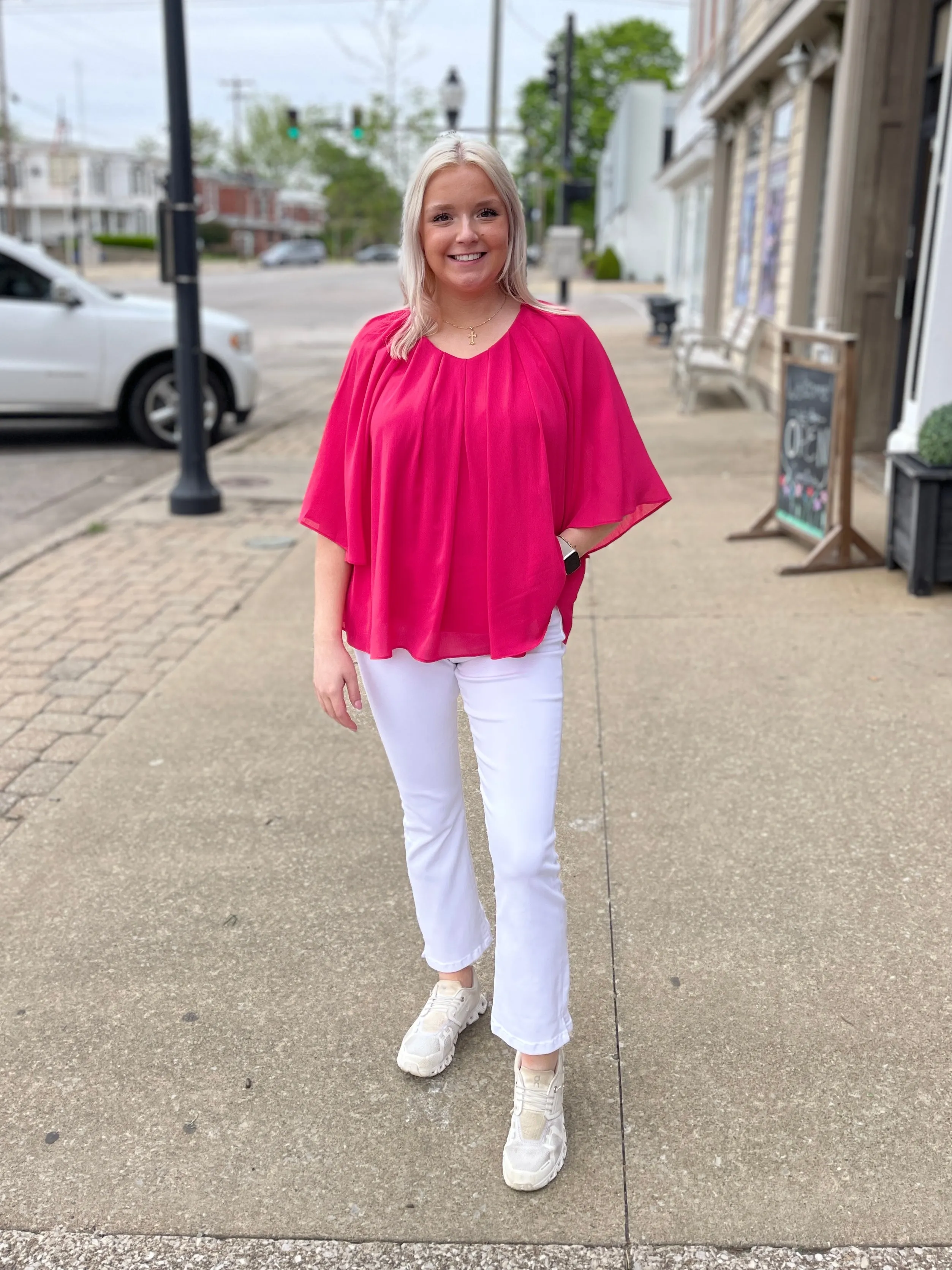 Ladies V-Neck Pleated 3/4 Sleeve Magenta Top