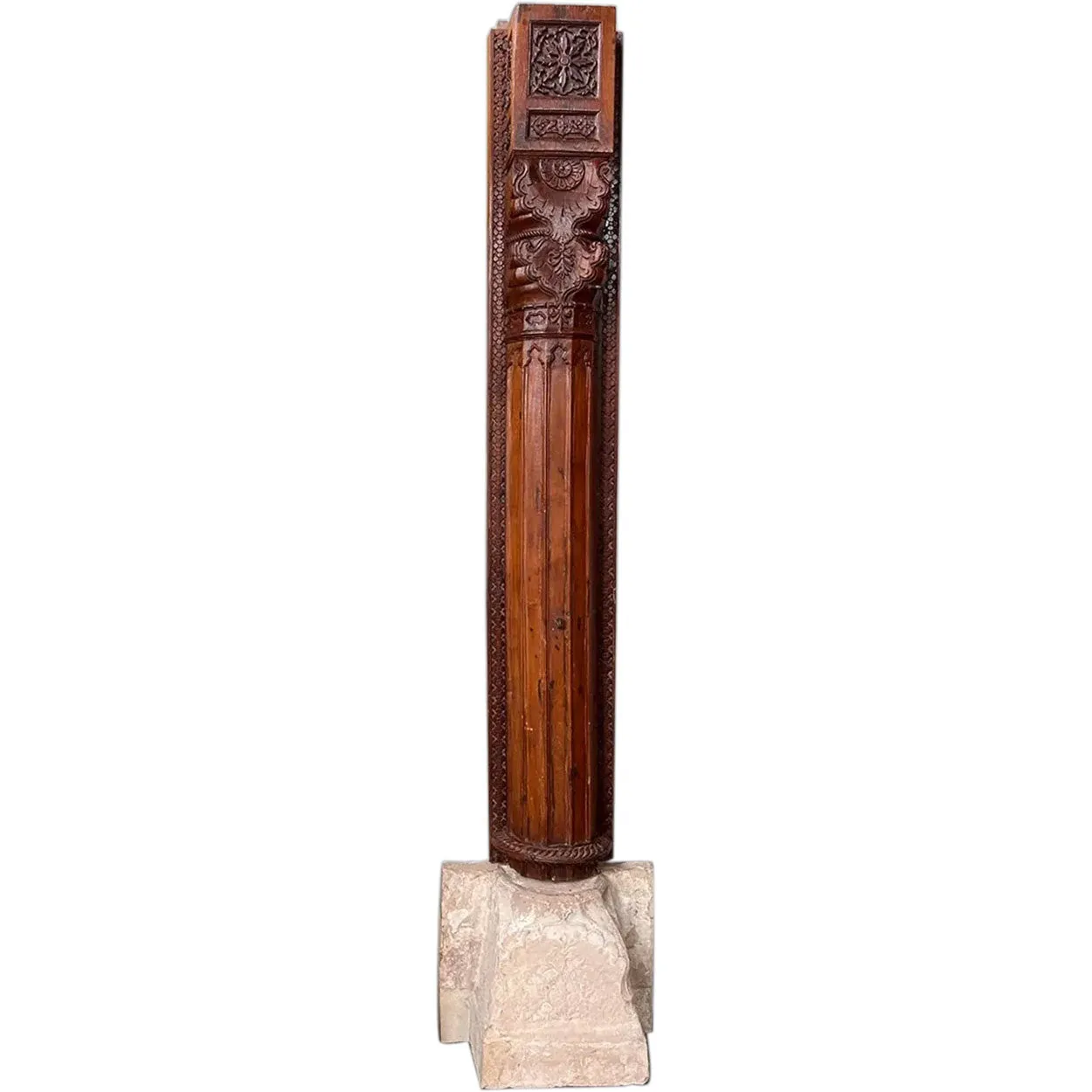 Large Pair of Indian Carved Teak and Limestone Haveli Architectural Pilasters