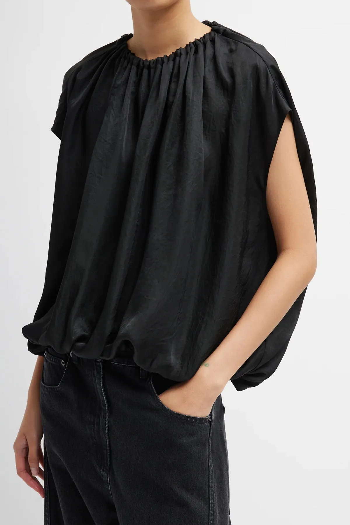 Light Weight Acetate Shirred Neck Circular Top in Black