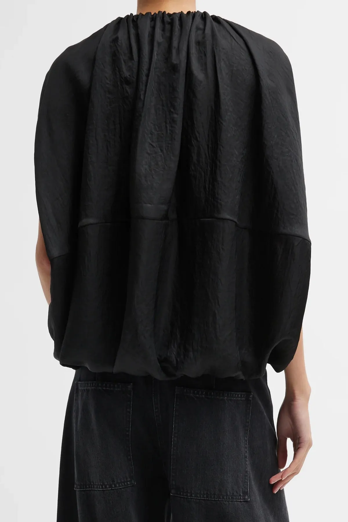 Light Weight Acetate Shirred Neck Circular Top in Black