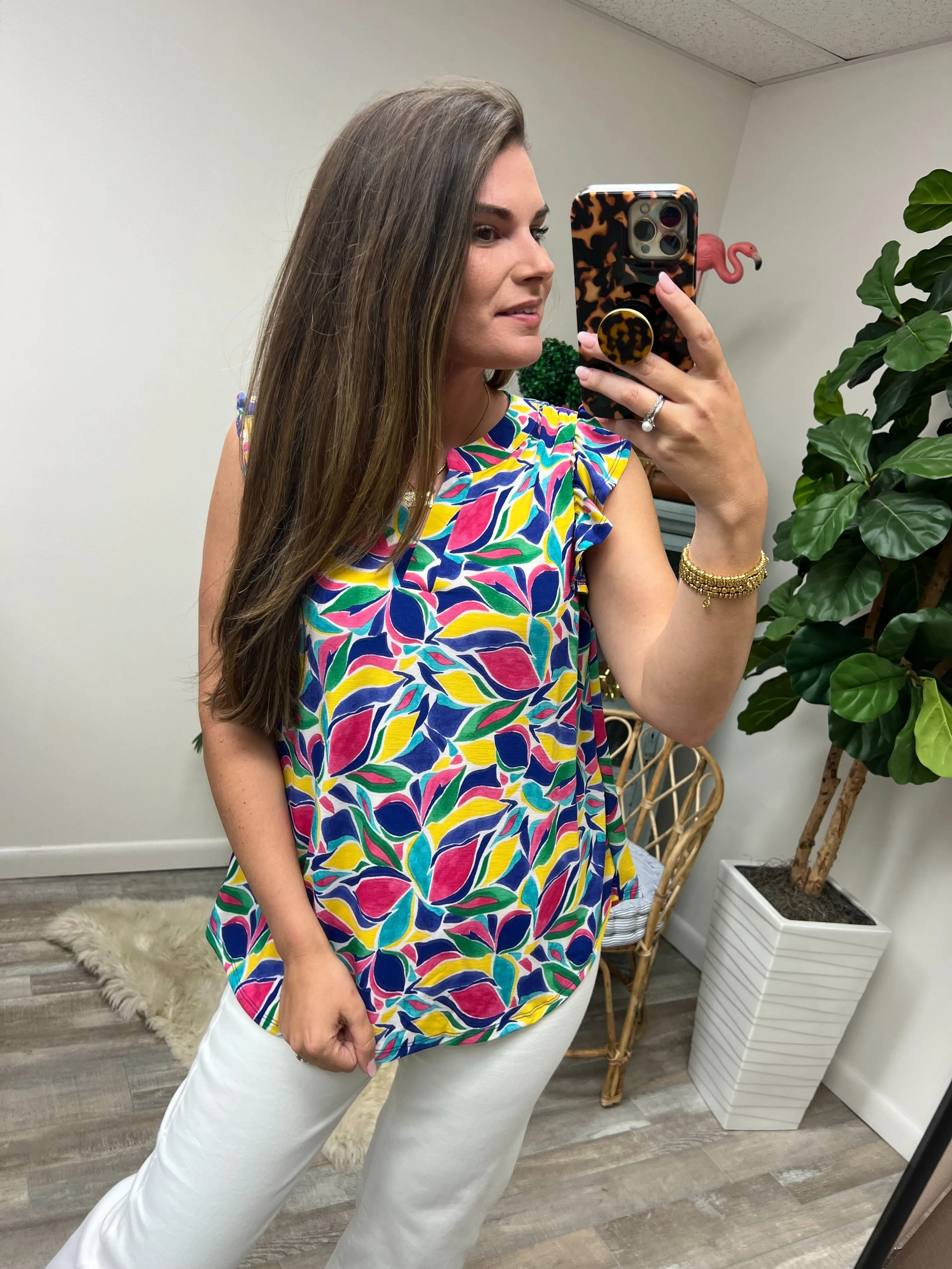 Lizzy Flutter Sleeve Top in Royal and Magenta Mod Floral