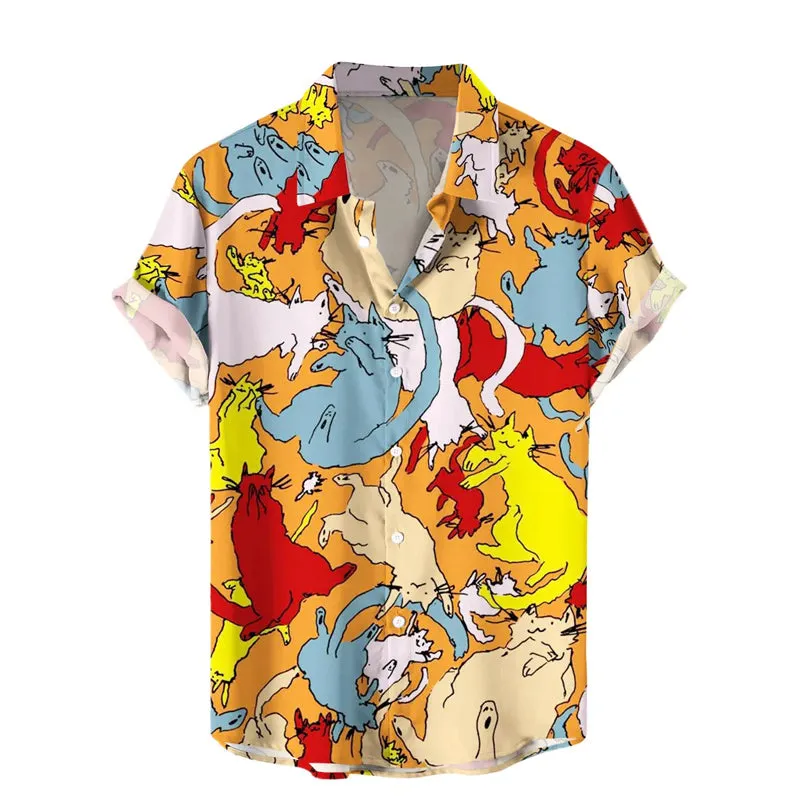 Men's Multicolor Cats Print Short Sleeve Shirt