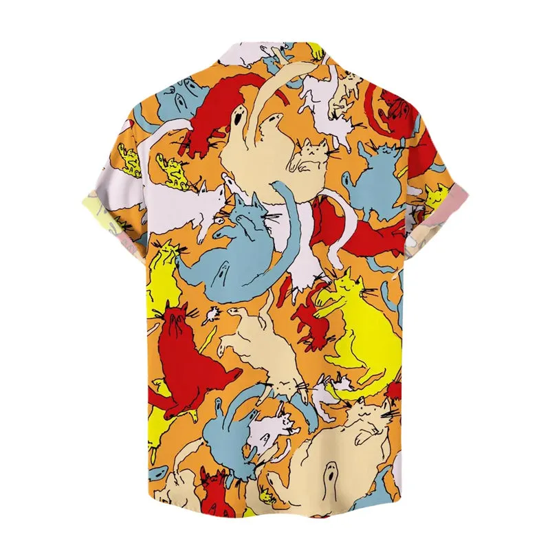 Men's Multicolor Cats Print Short Sleeve Shirt