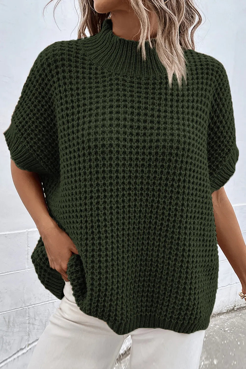 Moss Green Textured Knit Ribbed Mock Neck Sweater