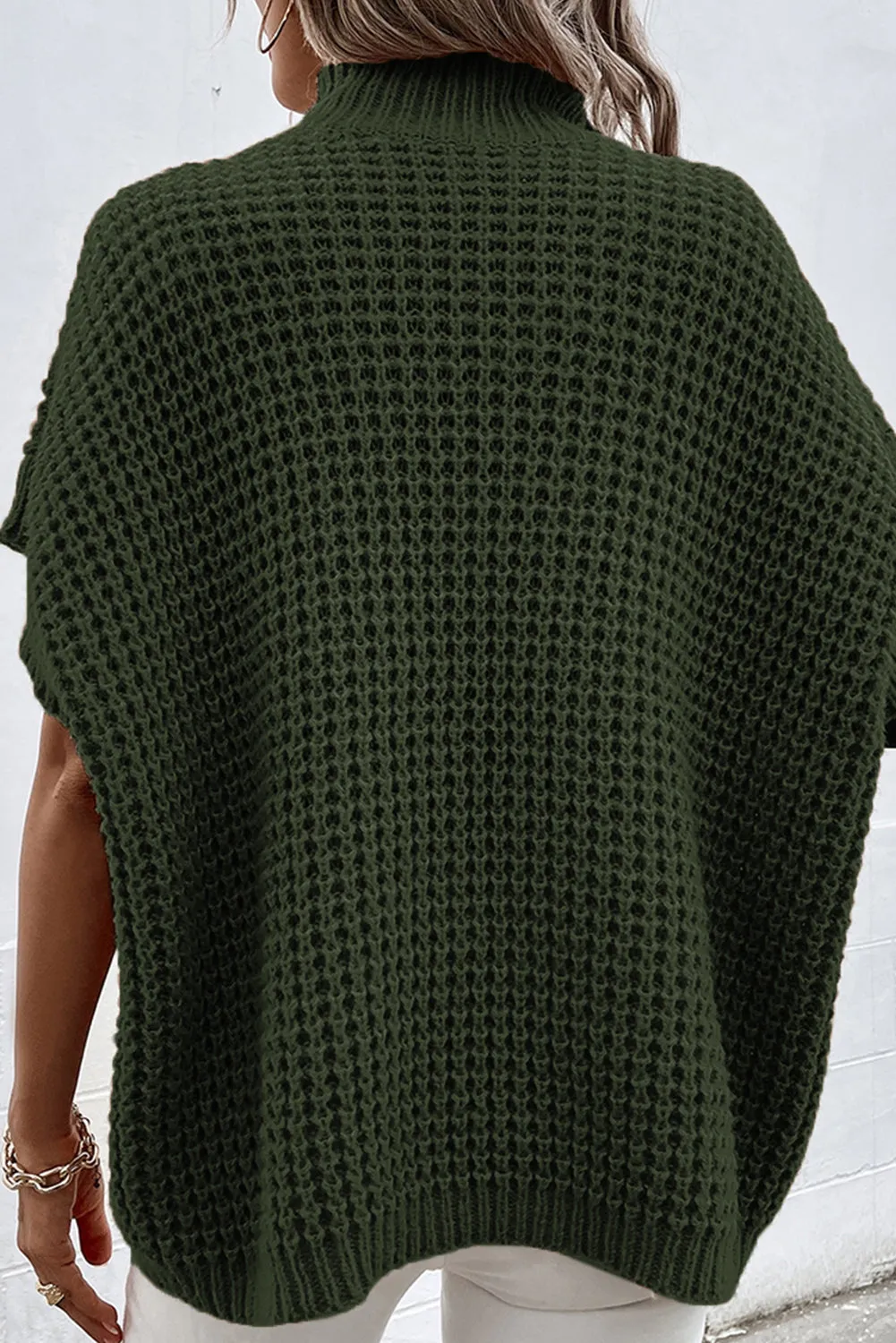 Moss Green Textured Knit Ribbed Mock Neck Sweater