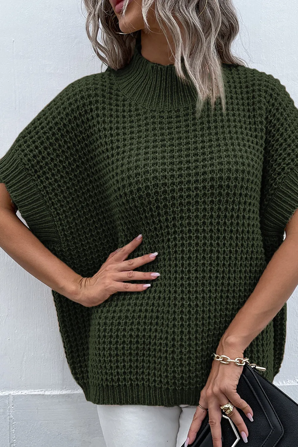 Moss Green Textured Knit Ribbed Mock Neck Sweater