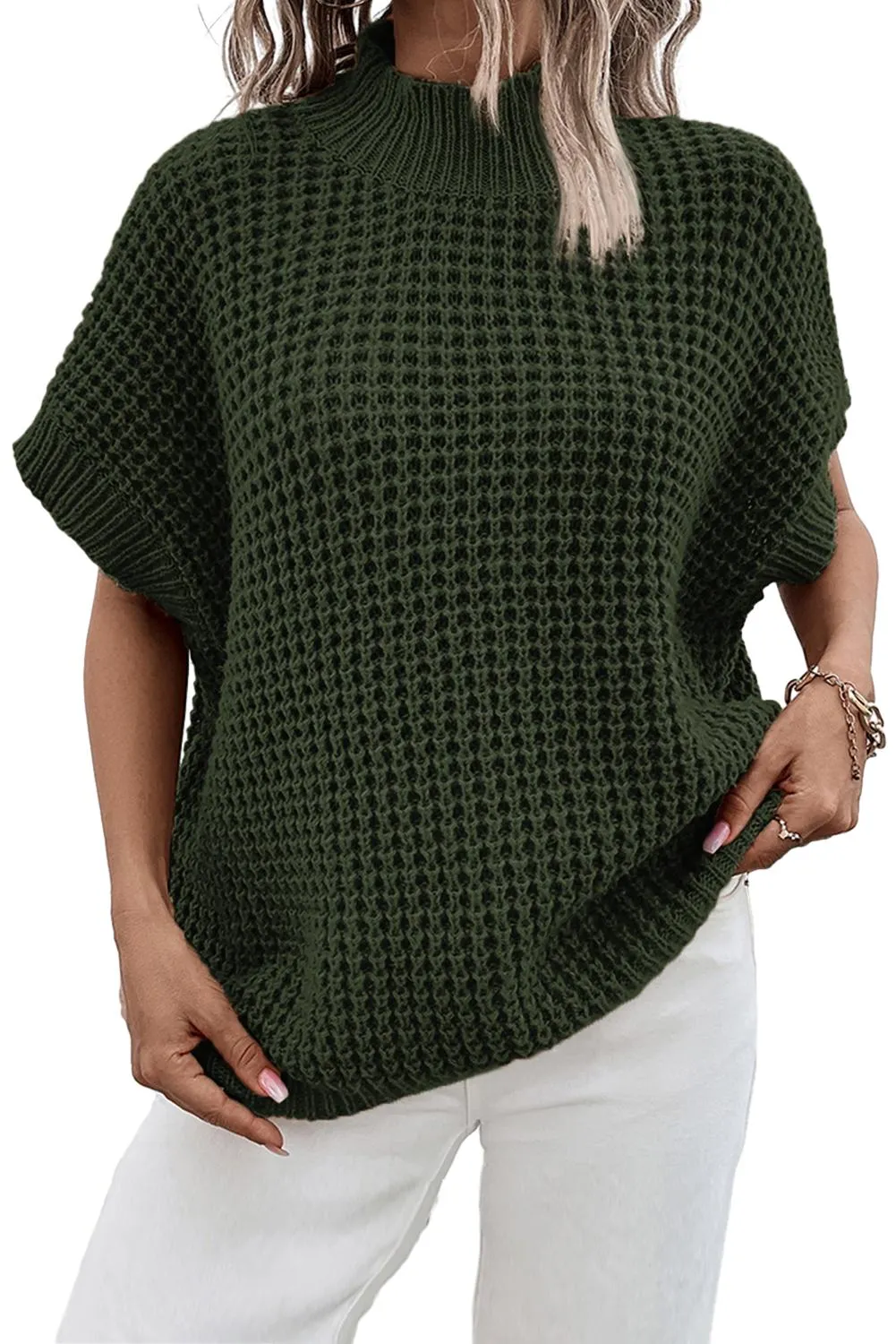 Moss Green Textured Knit Ribbed Mock Neck Sweater