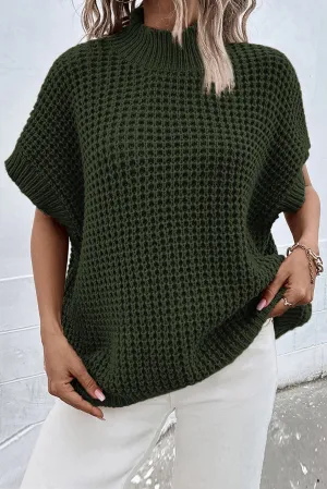 Moss Green Textured Knit Ribbed Mock Neck Sweater