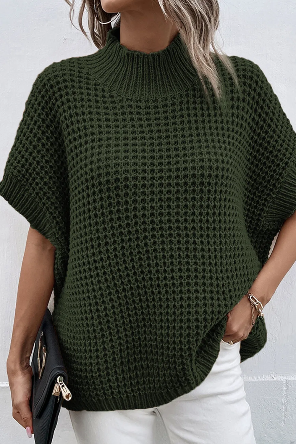 Moss Green Textured Knit Ribbed Mock Neck Sweater