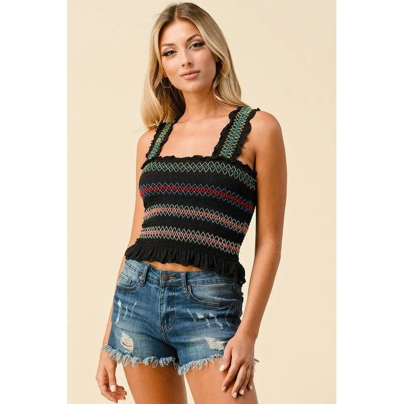 Multi-Color Stitch All Over Smocking Tank Top