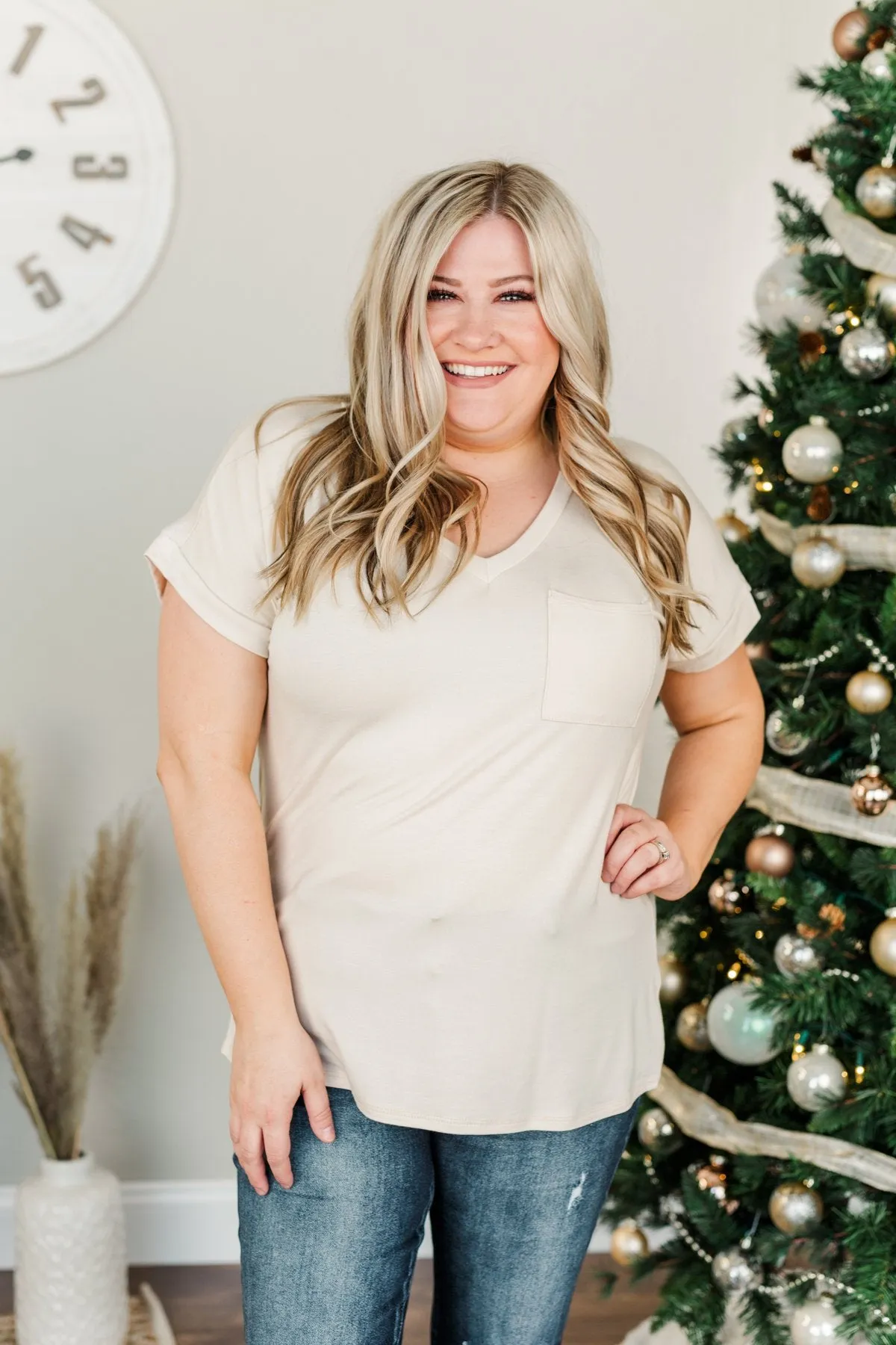 On My Own V-Neck Pocket Top- Cream