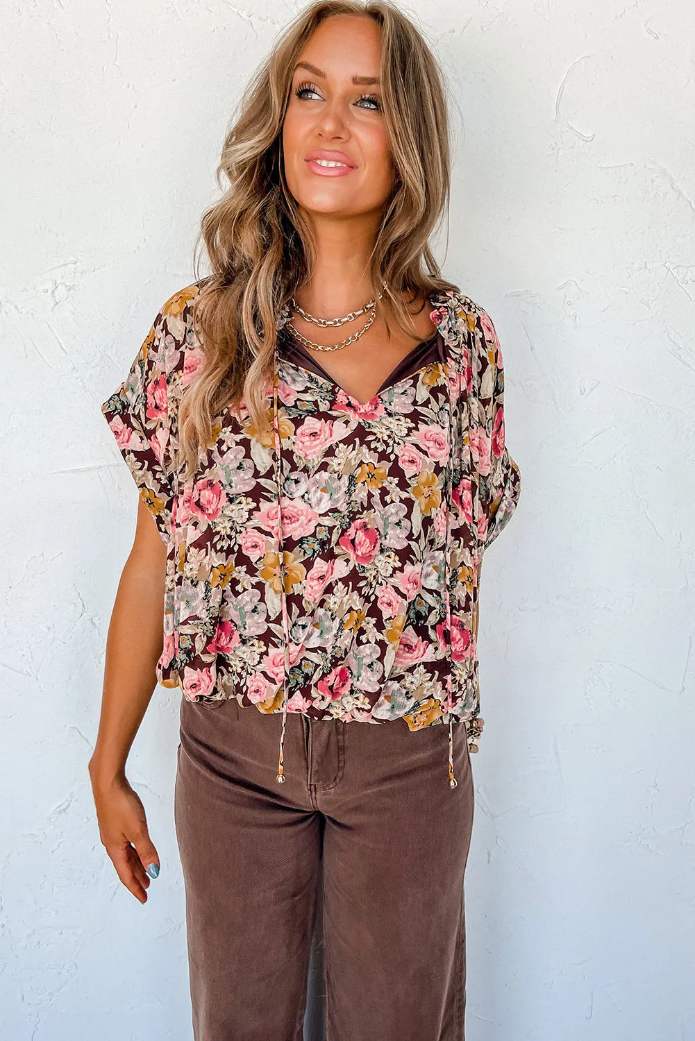 Pink Floral Print Bubble Hem Split Neck Blouse
