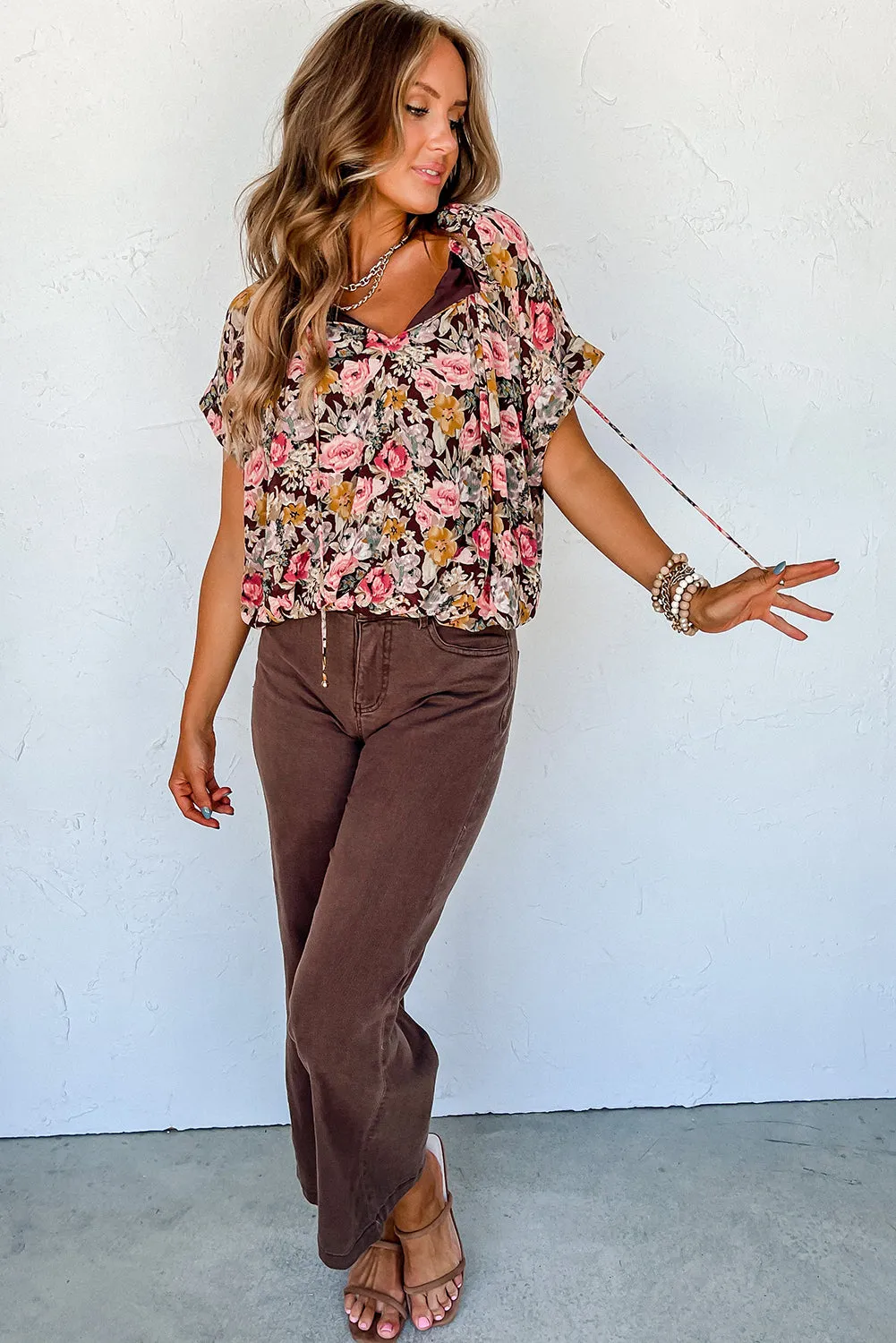 Pink Floral Print Bubble Hem Split Neck Blouse