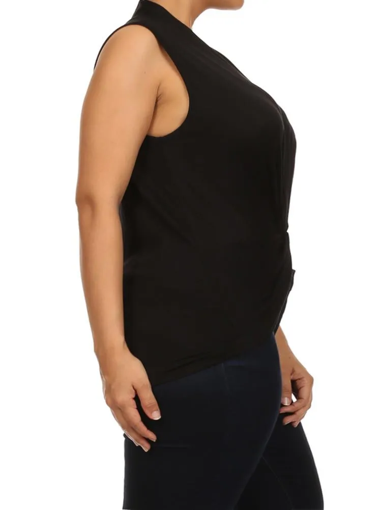 Plus Size Flirty Front Knot Cross Over Black Top