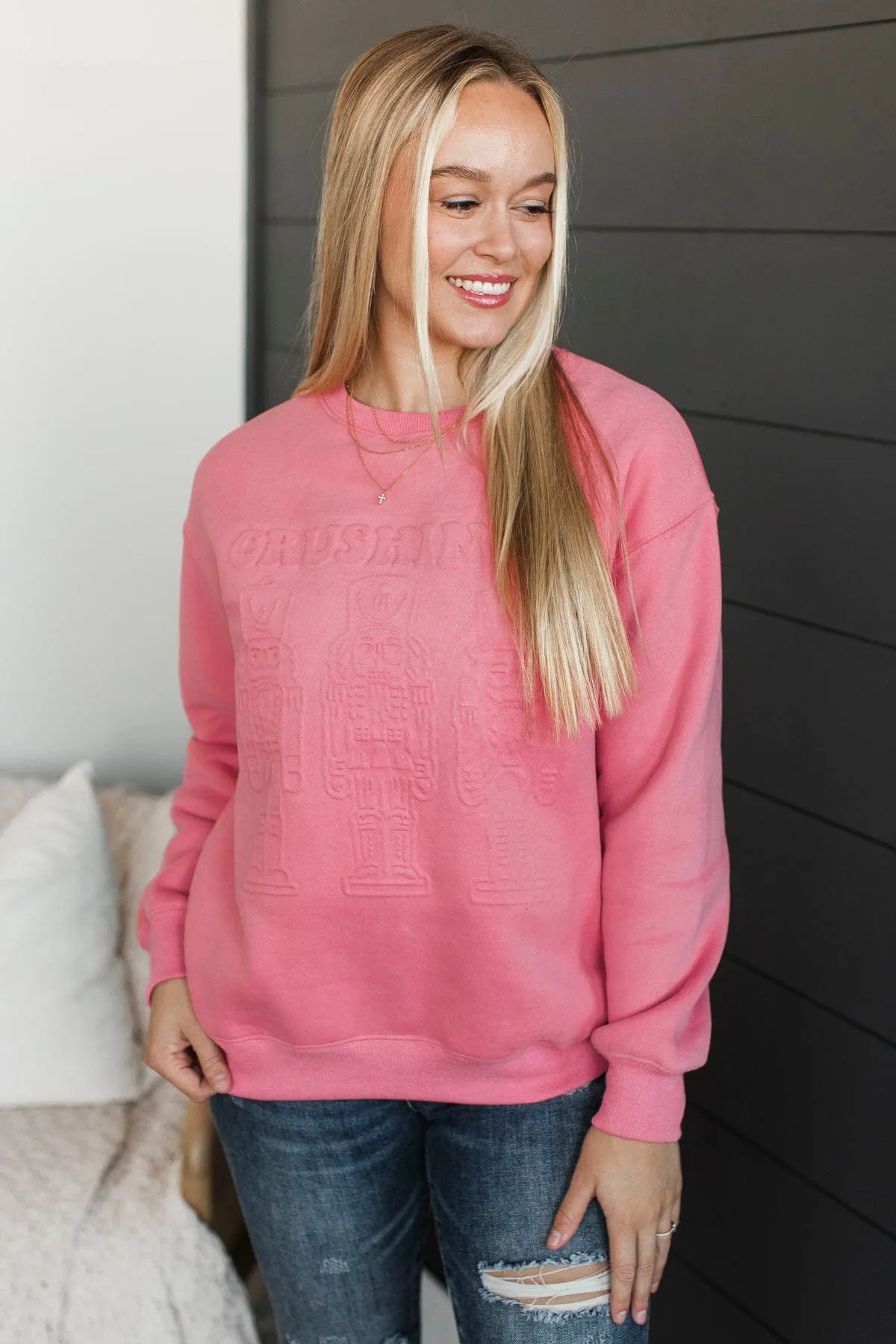 "Crushin' It" Embossed Nutcracker Crew Neck- Neon Pink
