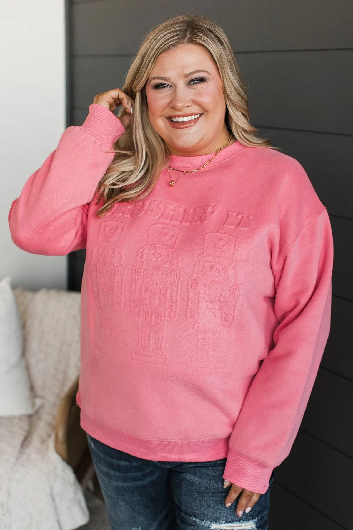 "Crushin' It" Embossed Nutcracker Crew Neck- Neon Pink