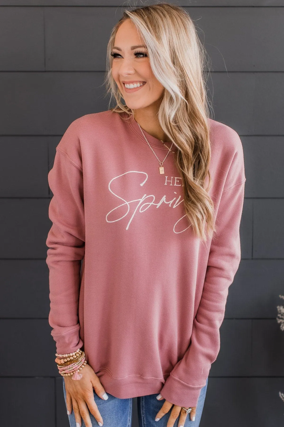 "Hello Spring" Graphic Crew Neck Pullover- Mauve
