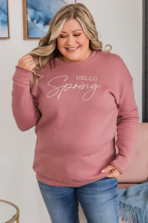"Hello Spring" Graphic Crew Neck Pullover- Mauve