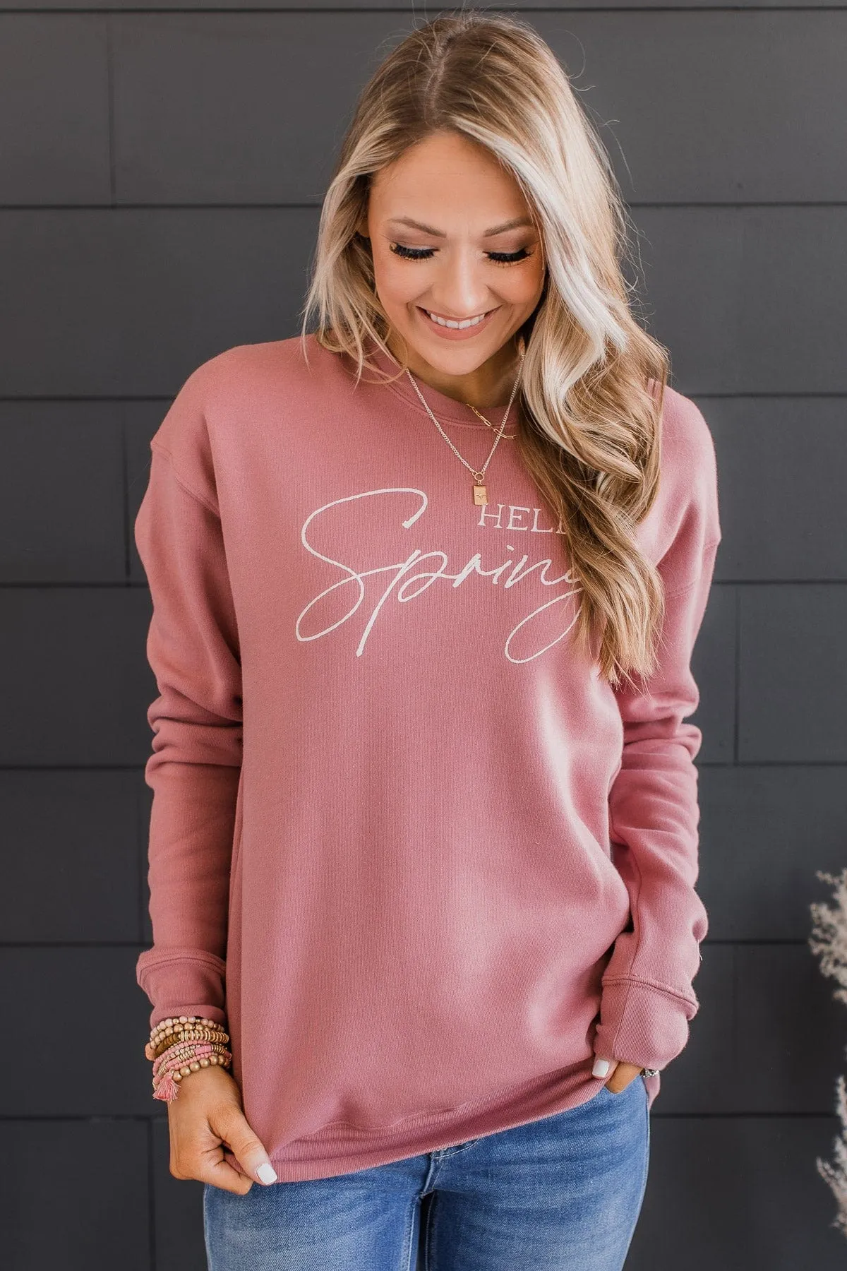 "Hello Spring" Graphic Crew Neck Pullover- Mauve
