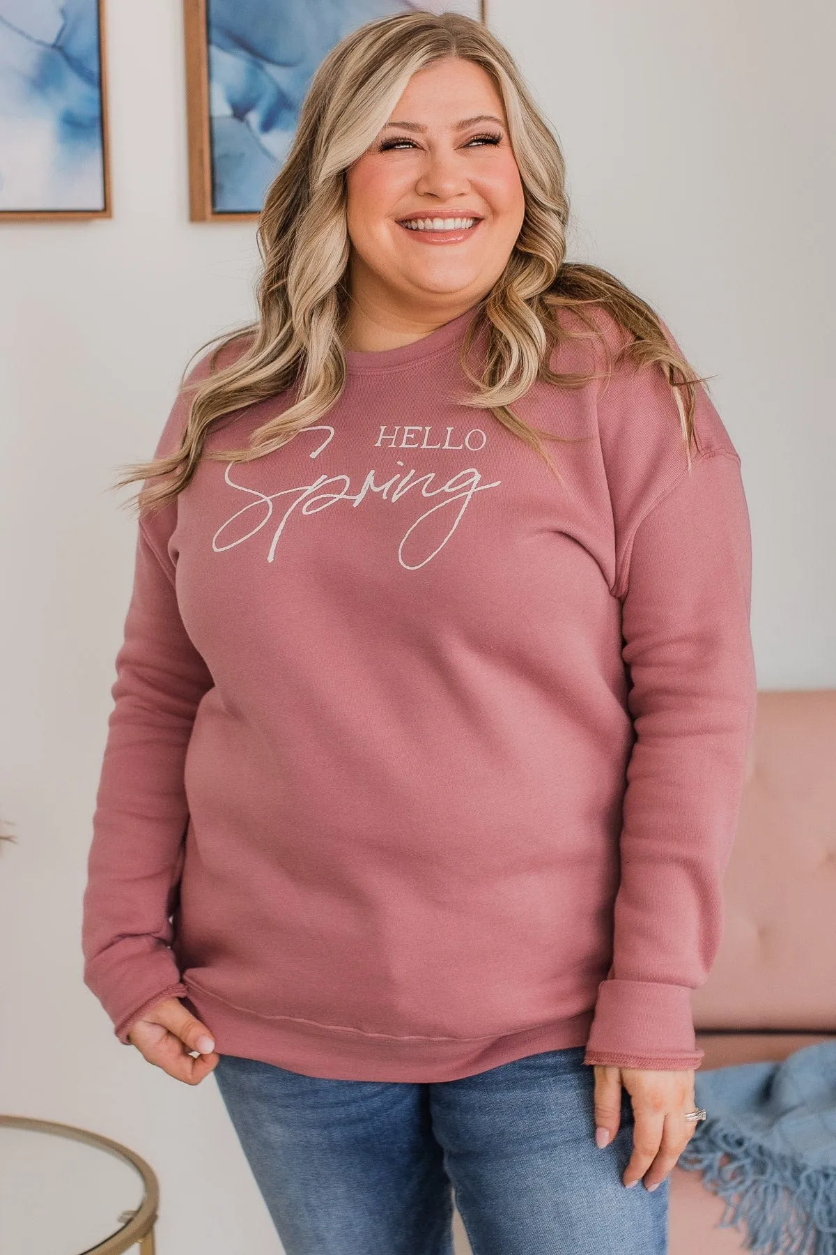 "Hello Spring" Graphic Crew Neck Pullover- Mauve