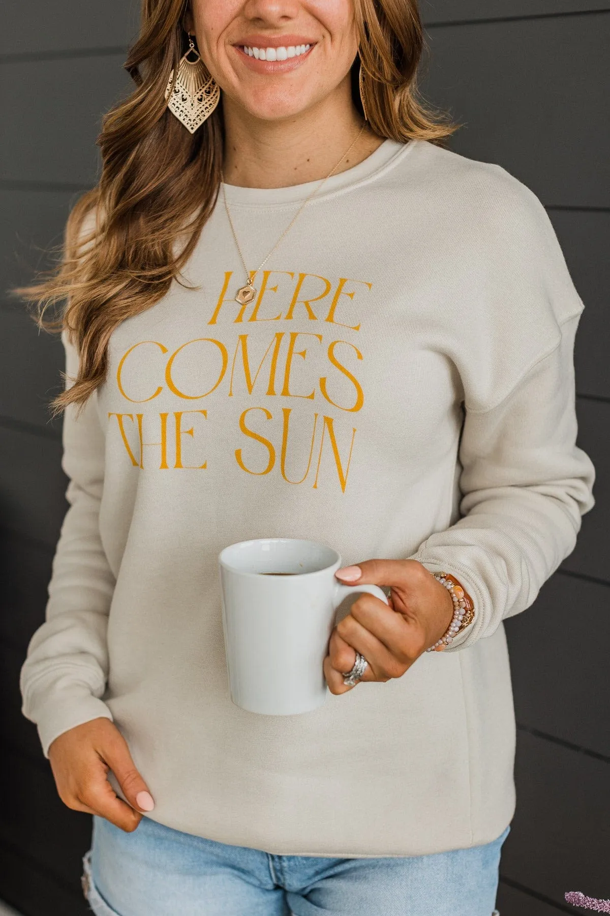 "Here Comes The Sun" Crew Neck Pullover- Beige