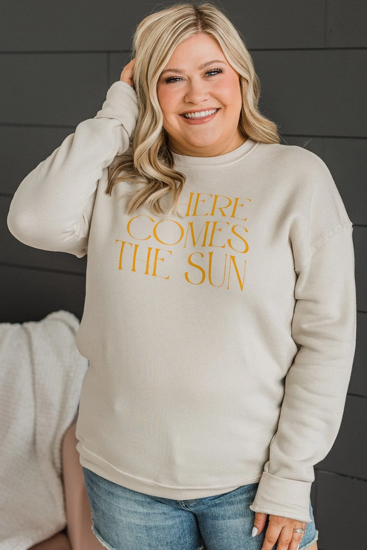 "Here Comes The Sun" Crew Neck Pullover- Beige