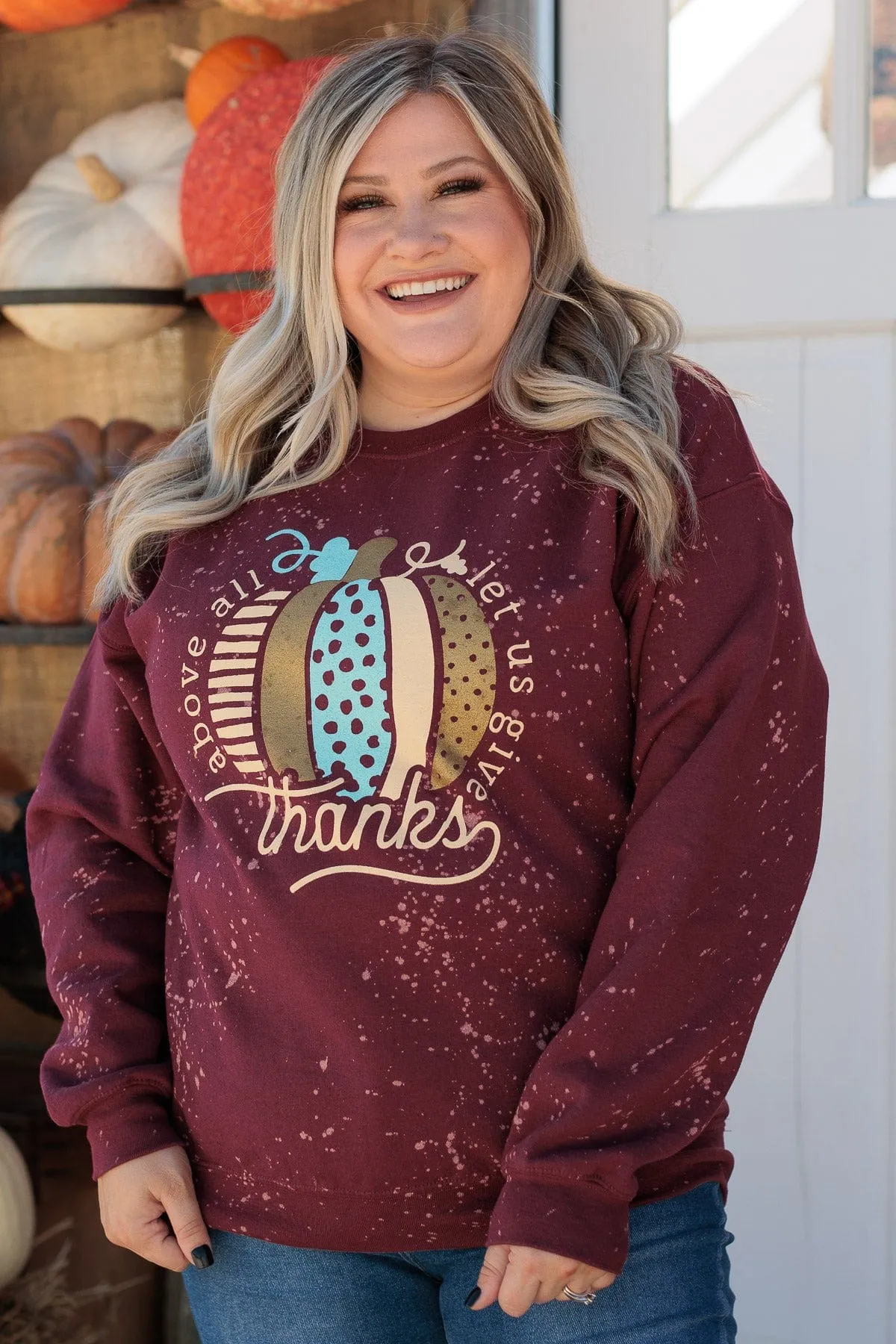 "Let Us Give Thanks" Graphic Crew Neck- Burgundy