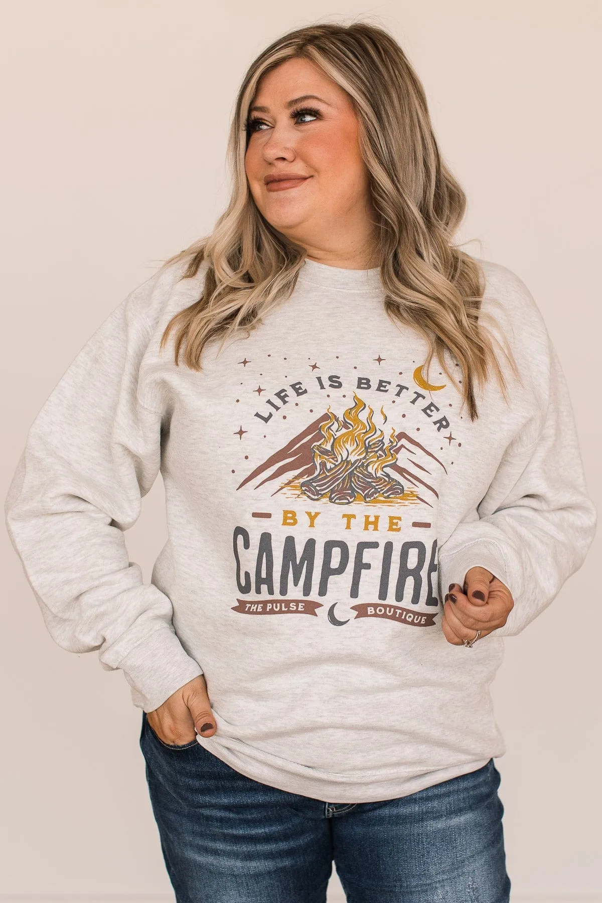 "Life Is Better By The Campfire" Crew Neck- Light Heather Grey