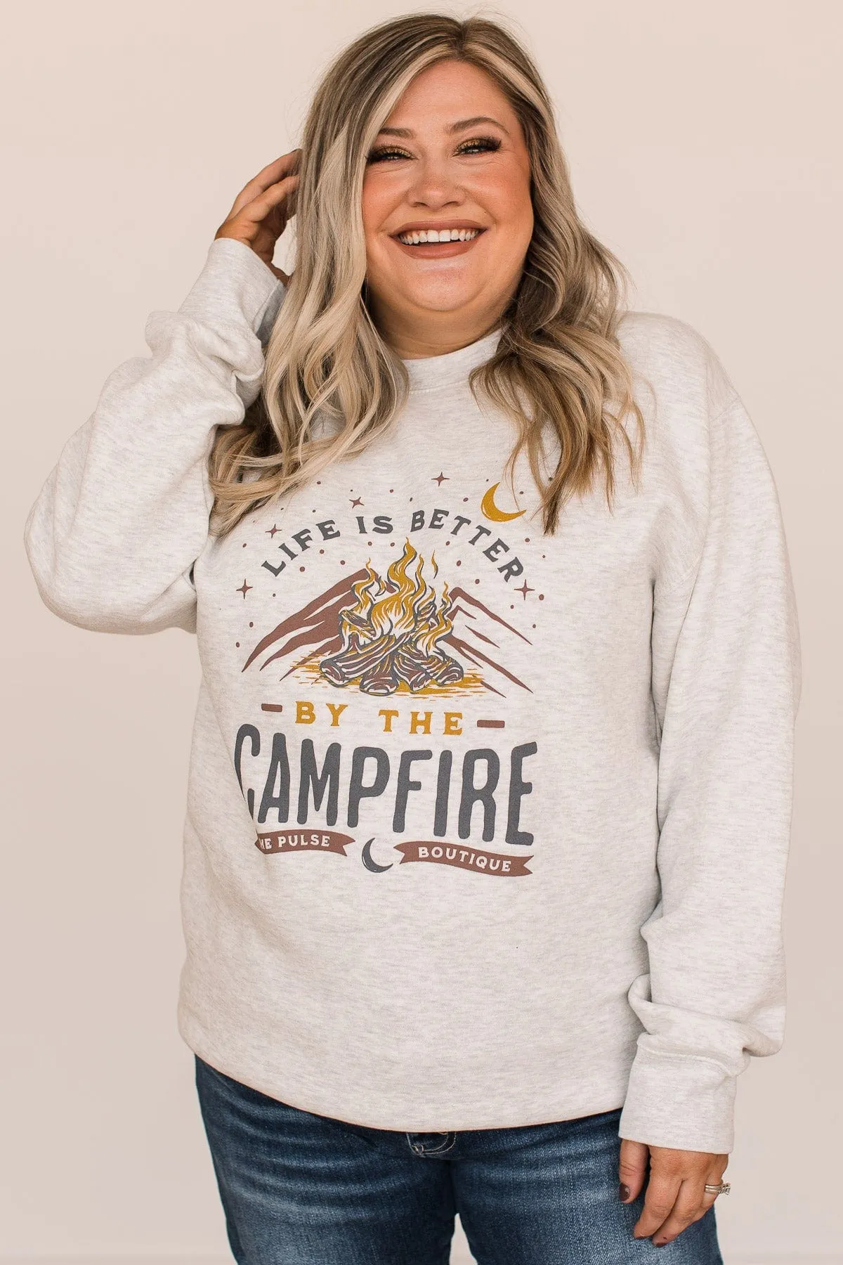 "Life Is Better By The Campfire" Crew Neck- Light Heather Grey