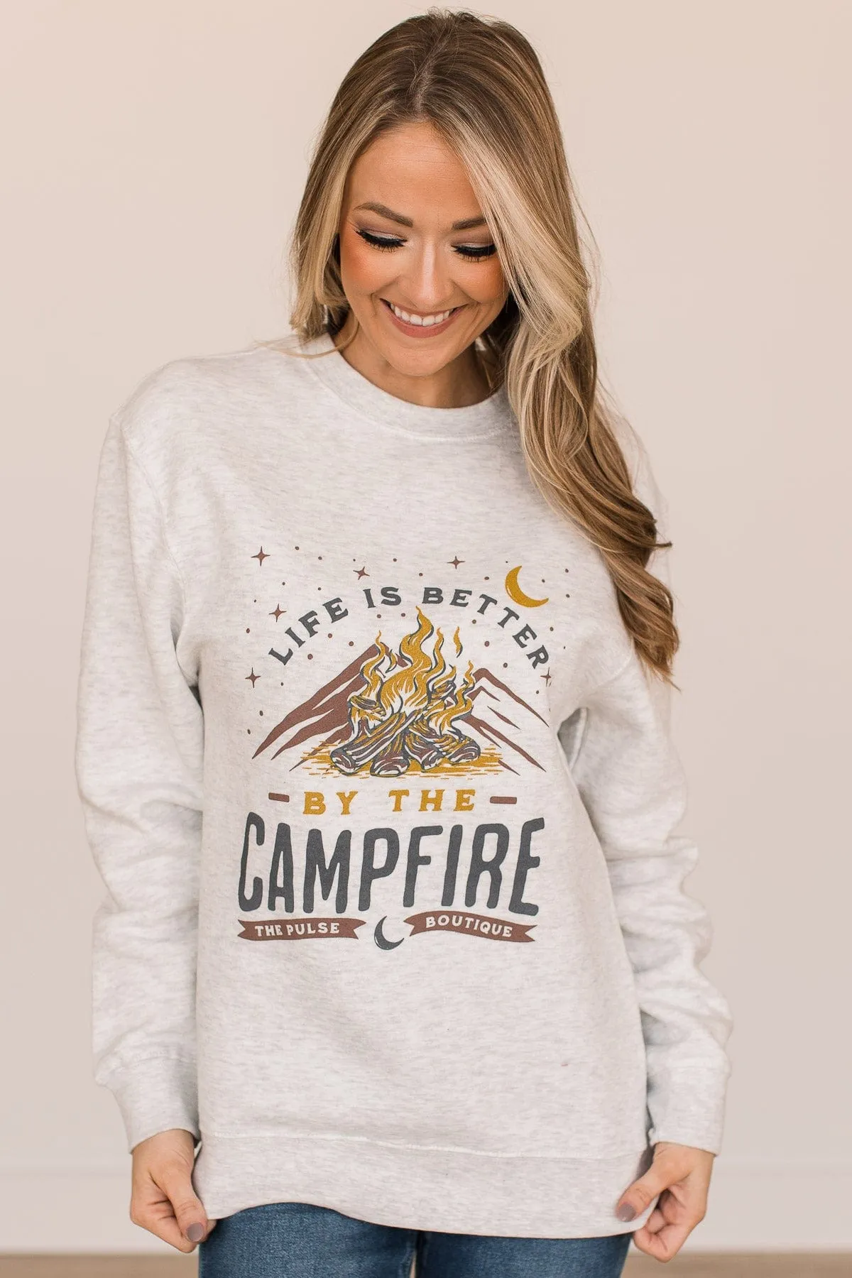"Life Is Better By The Campfire" Crew Neck- Light Heather Grey