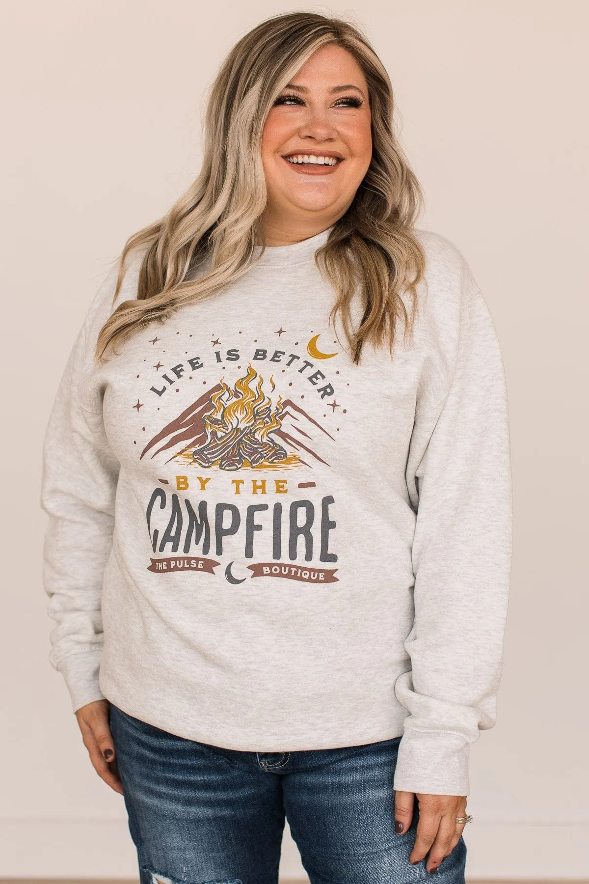 "Life Is Better By The Campfire" Crew Neck- Light Heather Grey