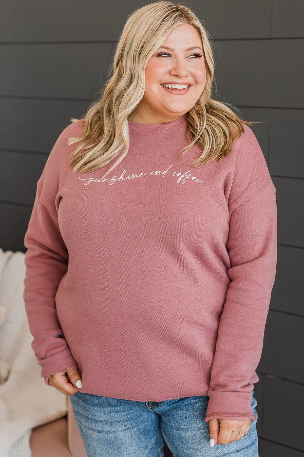 "Sunshine & Coffee" Crew Neck Pullover- Mauve