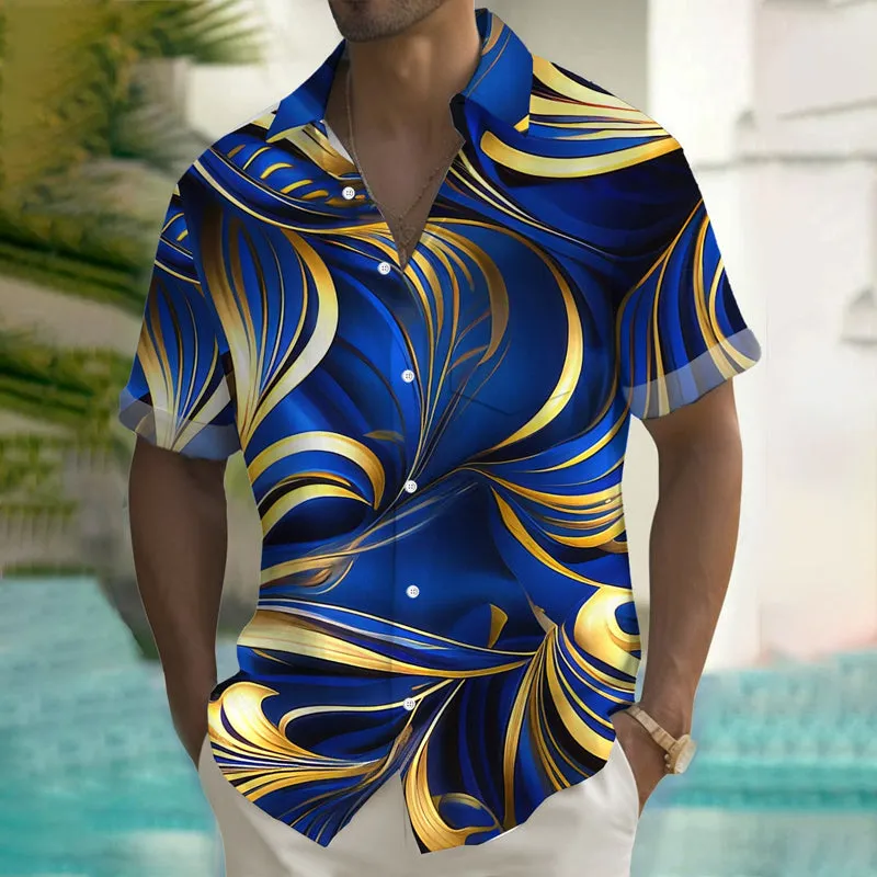 Retro Geometric Hot Stamping Gradient Print Men's Button Short Sleeve Shirt