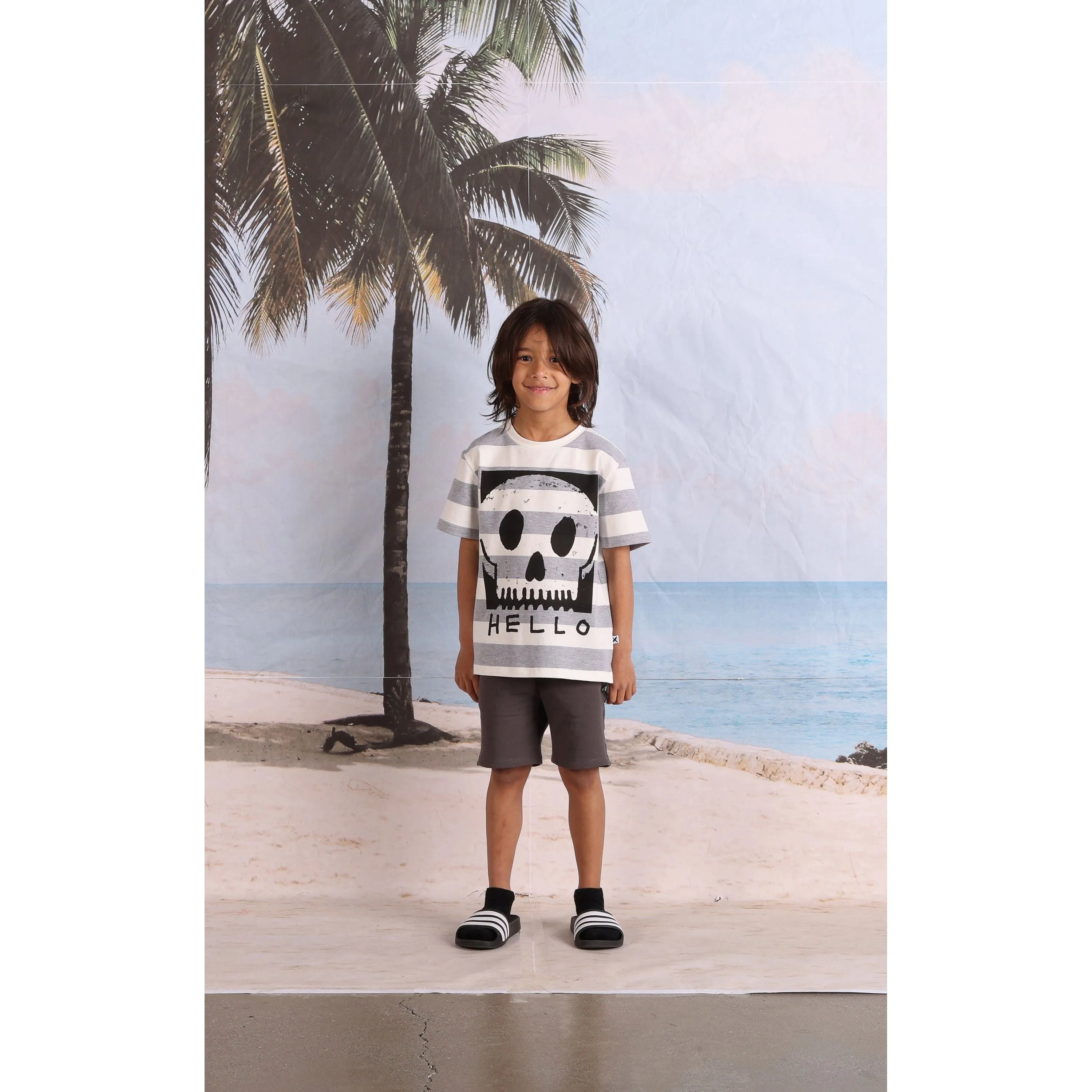 Square Skull Tee- White/Grey Marle Stripe