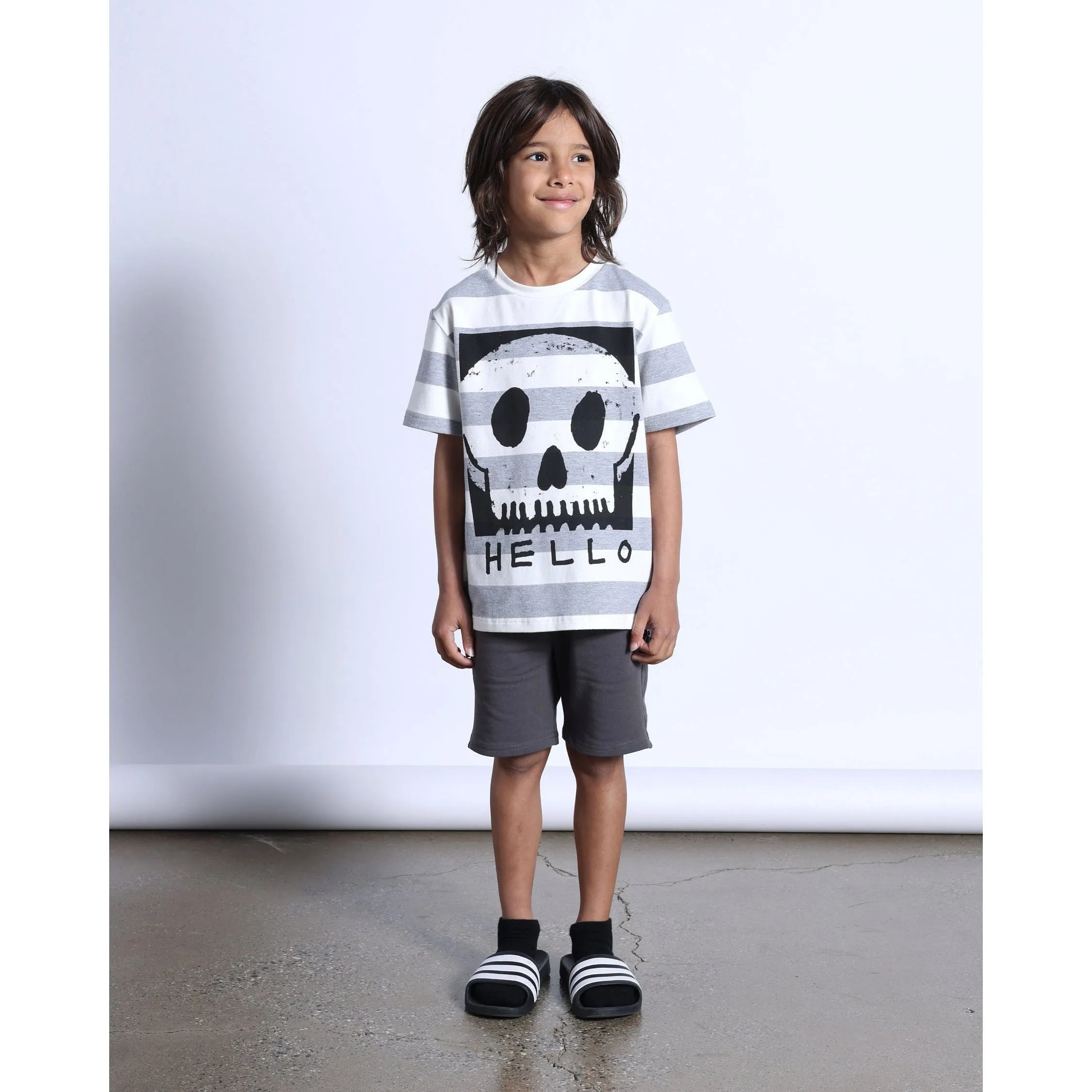 Square Skull Tee- White/Grey Marle Stripe