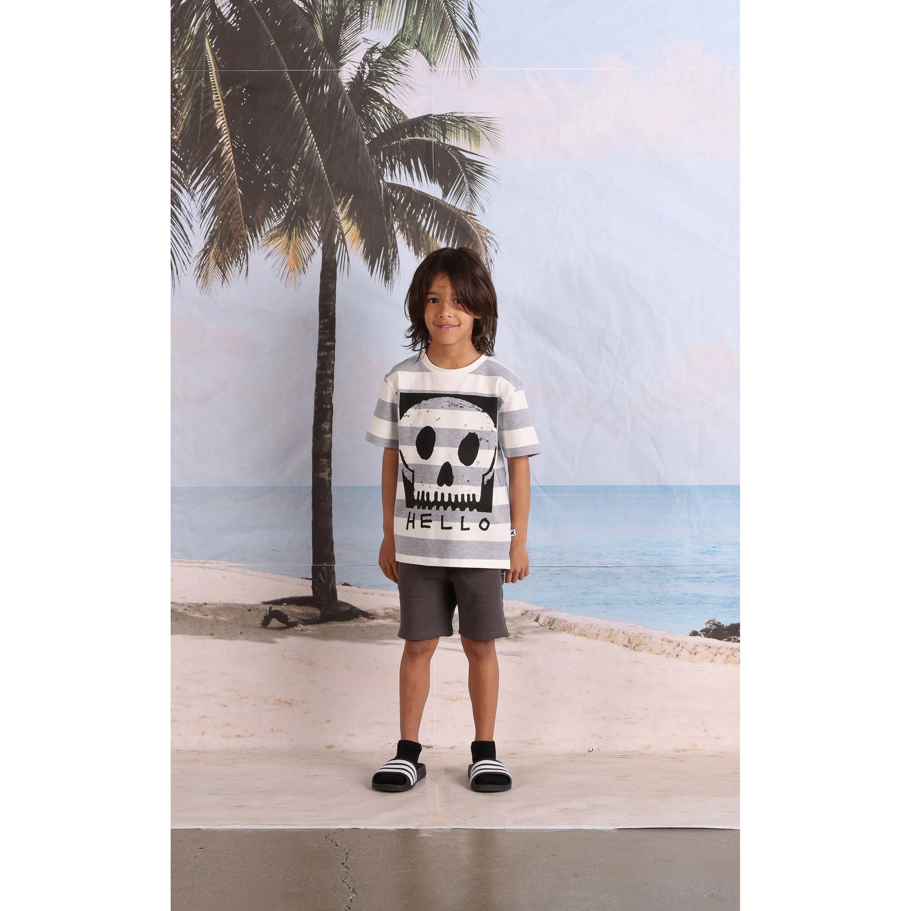 Square Skull Tee- White/Grey Marle Stripe