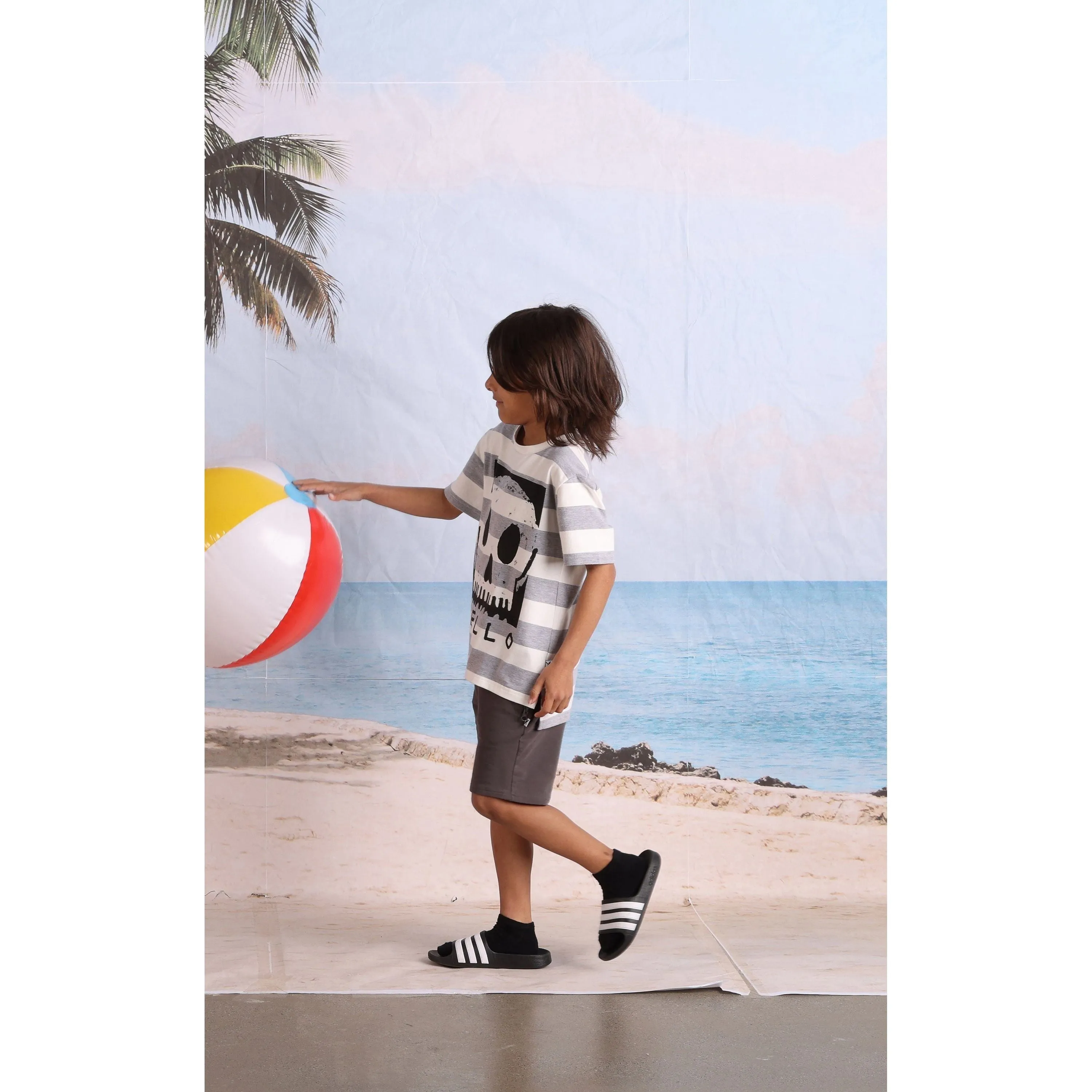 Square Skull Tee- White/Grey Marle Stripe