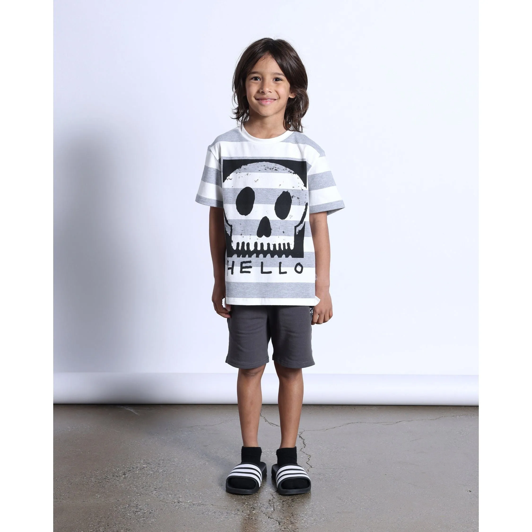 Square Skull Tee- White/Grey Marle Stripe