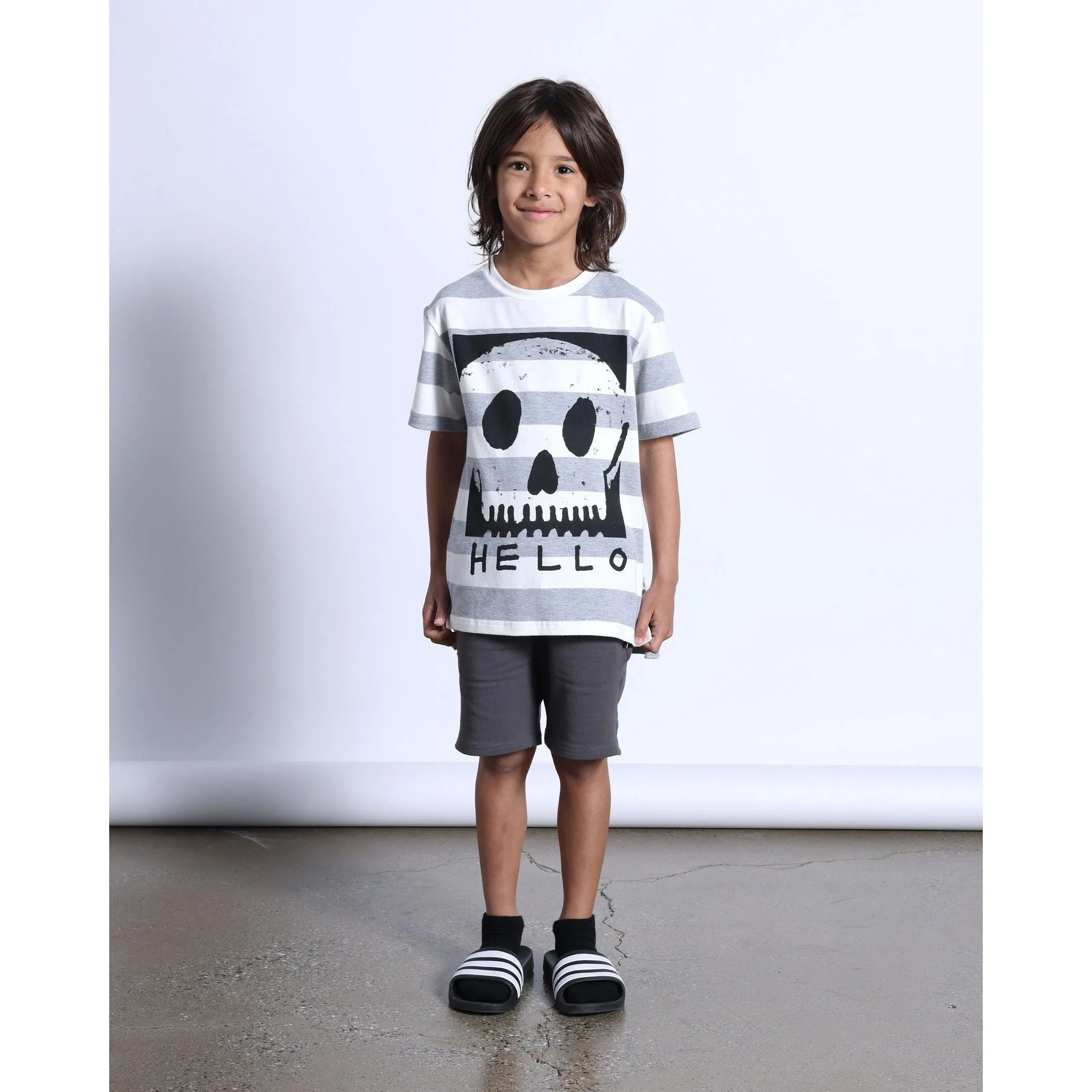 Square Skull Tee- White/Grey Marle Stripe