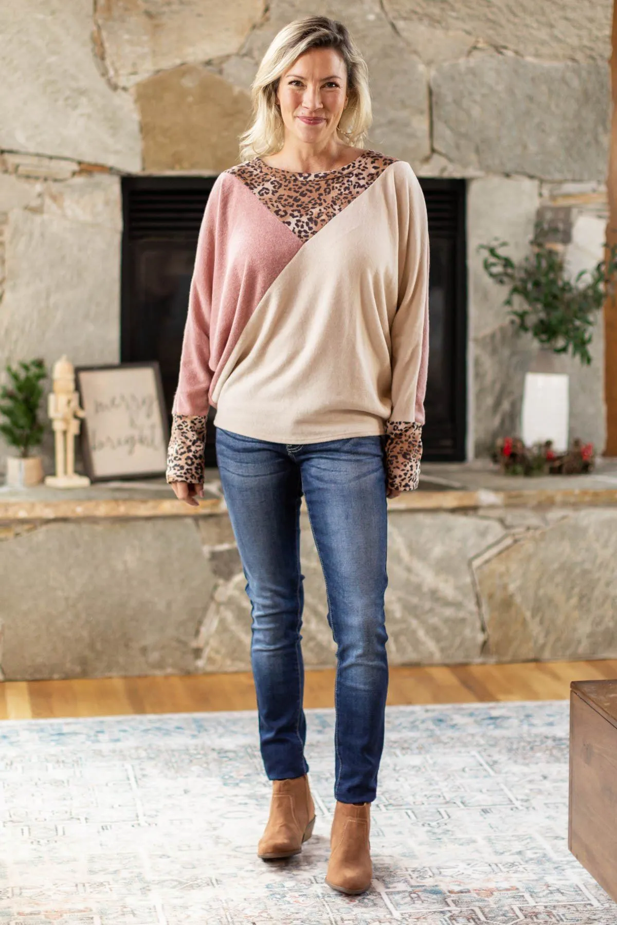 Tan and Mauve Colorblock Top with Animal Print