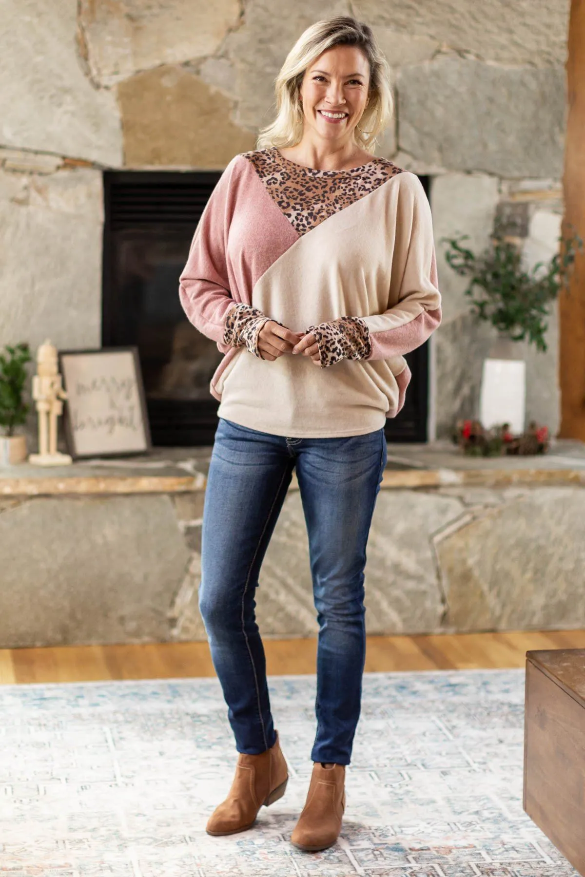 Tan and Mauve Colorblock Top with Animal Print