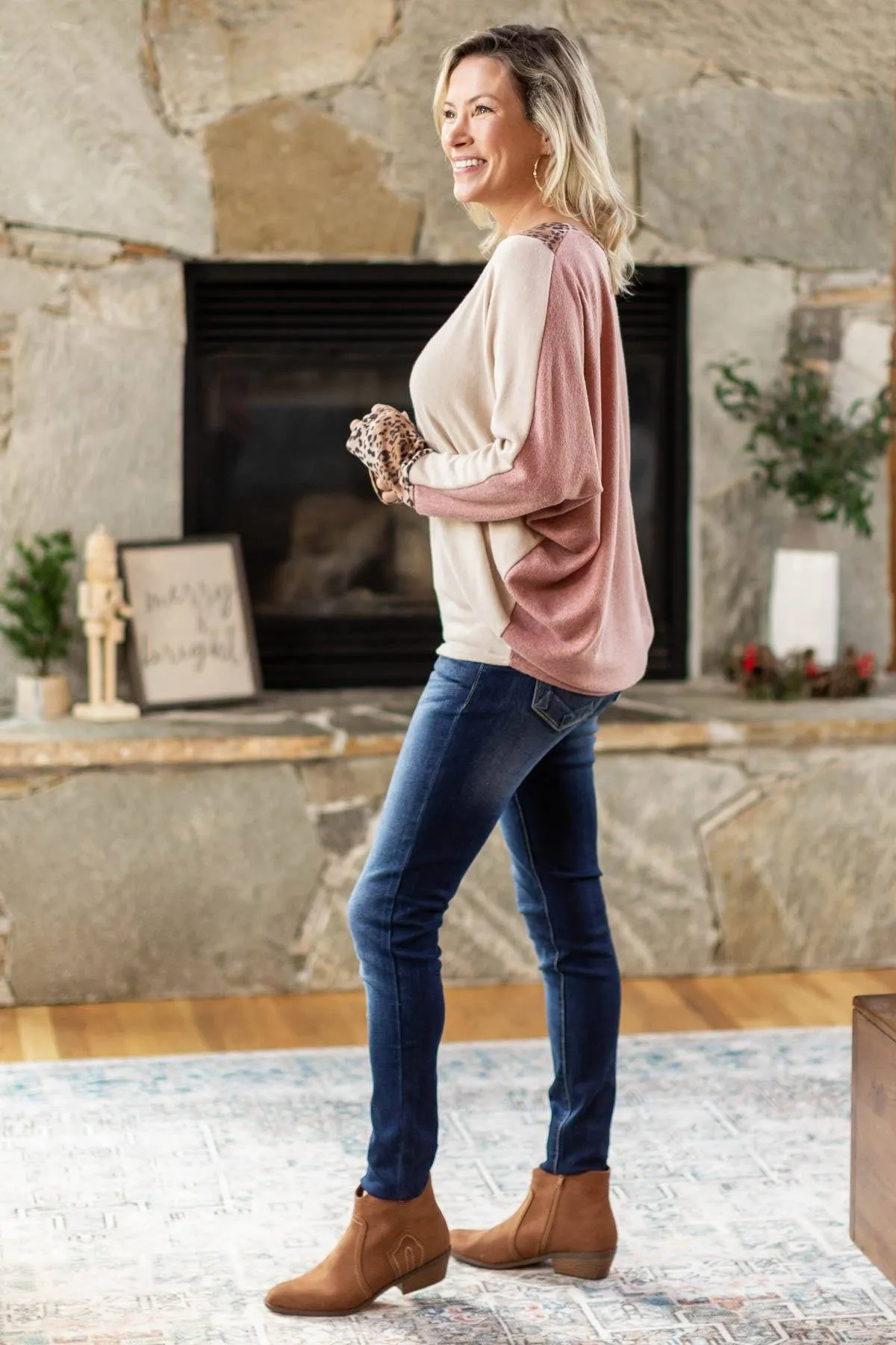 Tan and Mauve Colorblock Top with Animal Print