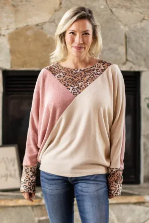 Tan and Mauve Colorblock Top with Animal Print