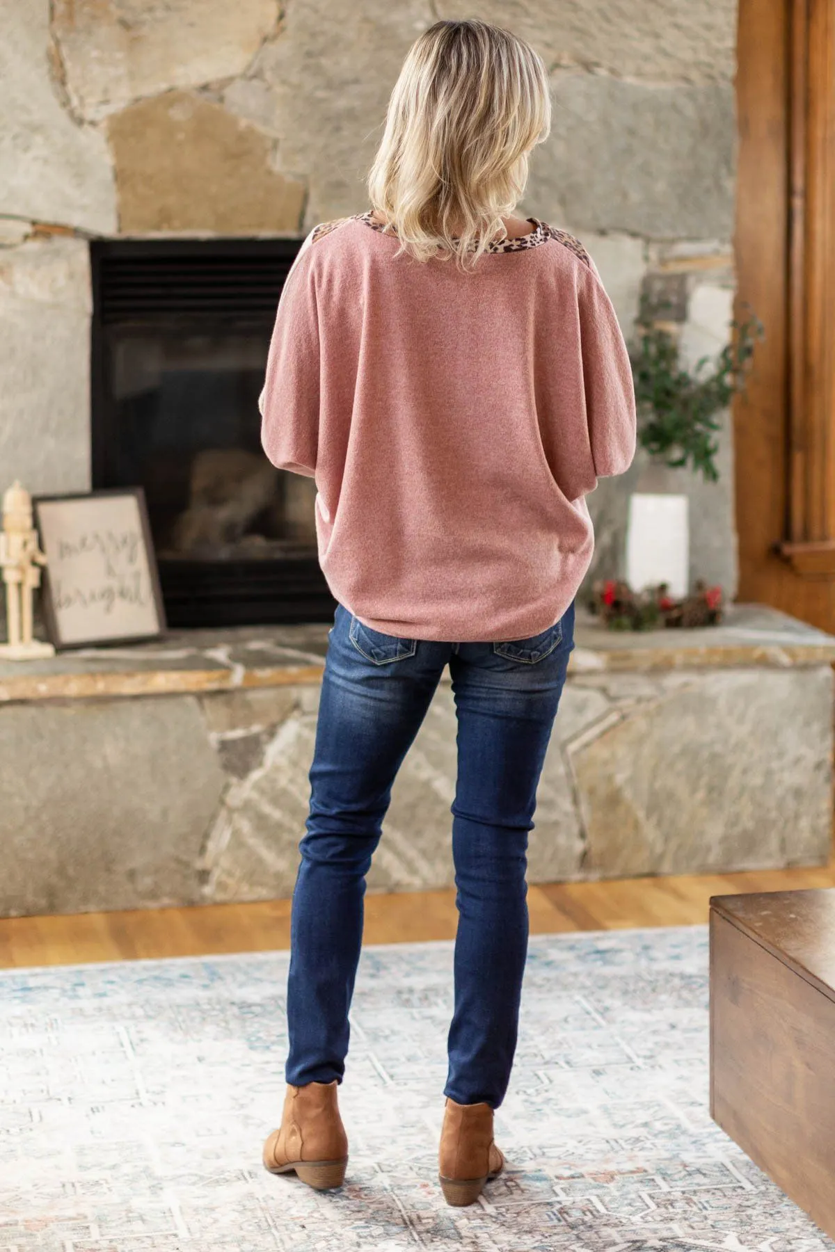 Tan and Mauve Colorblock Top with Animal Print